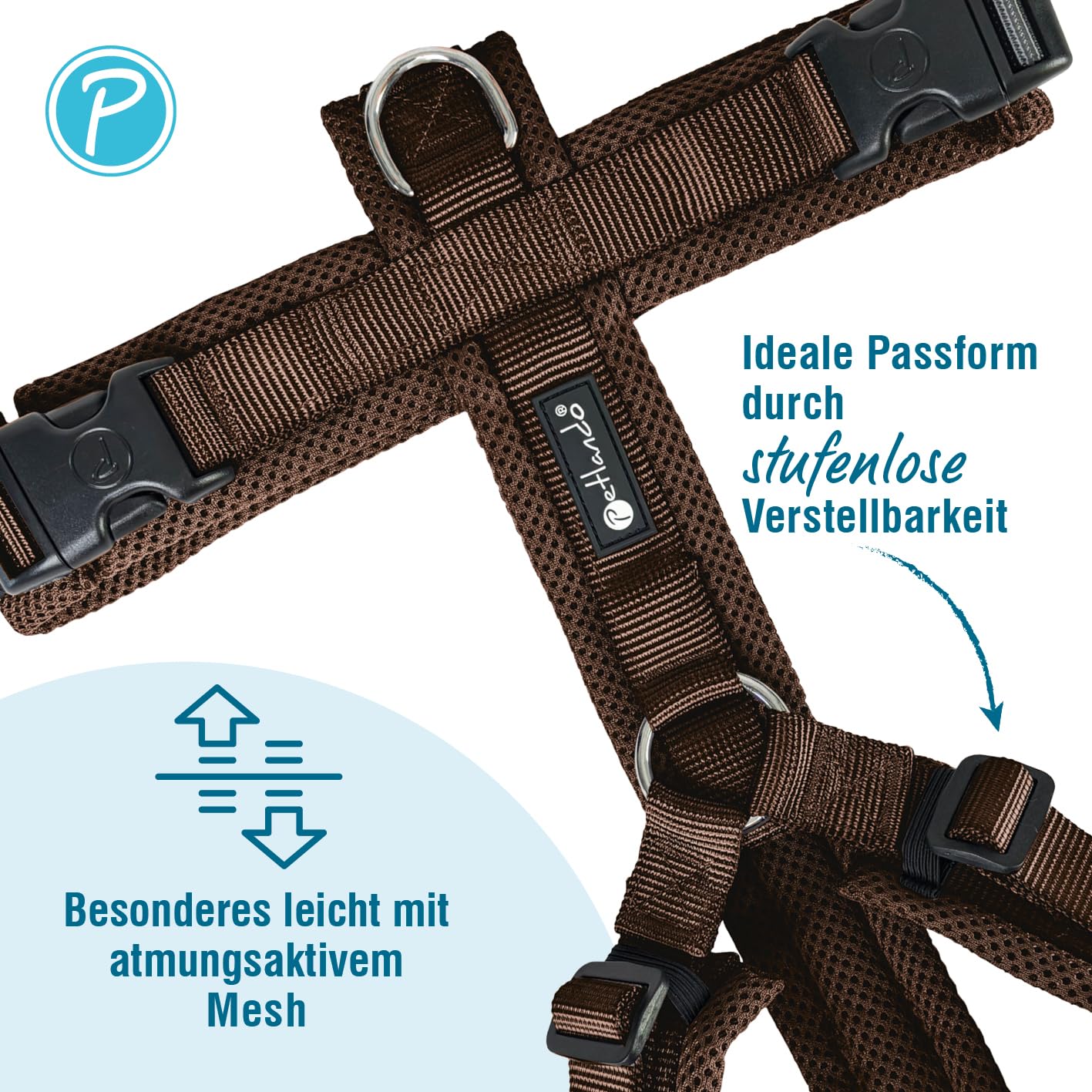 Petlando Hundegeschirr gepolstert, Mesh Y-Comfort, weich, stufenlos verstellbar, besonders leicht & atmungsaktiv, fellschonend, ergonomisch, Brustgeschirr für große Hunde, Mokka, L