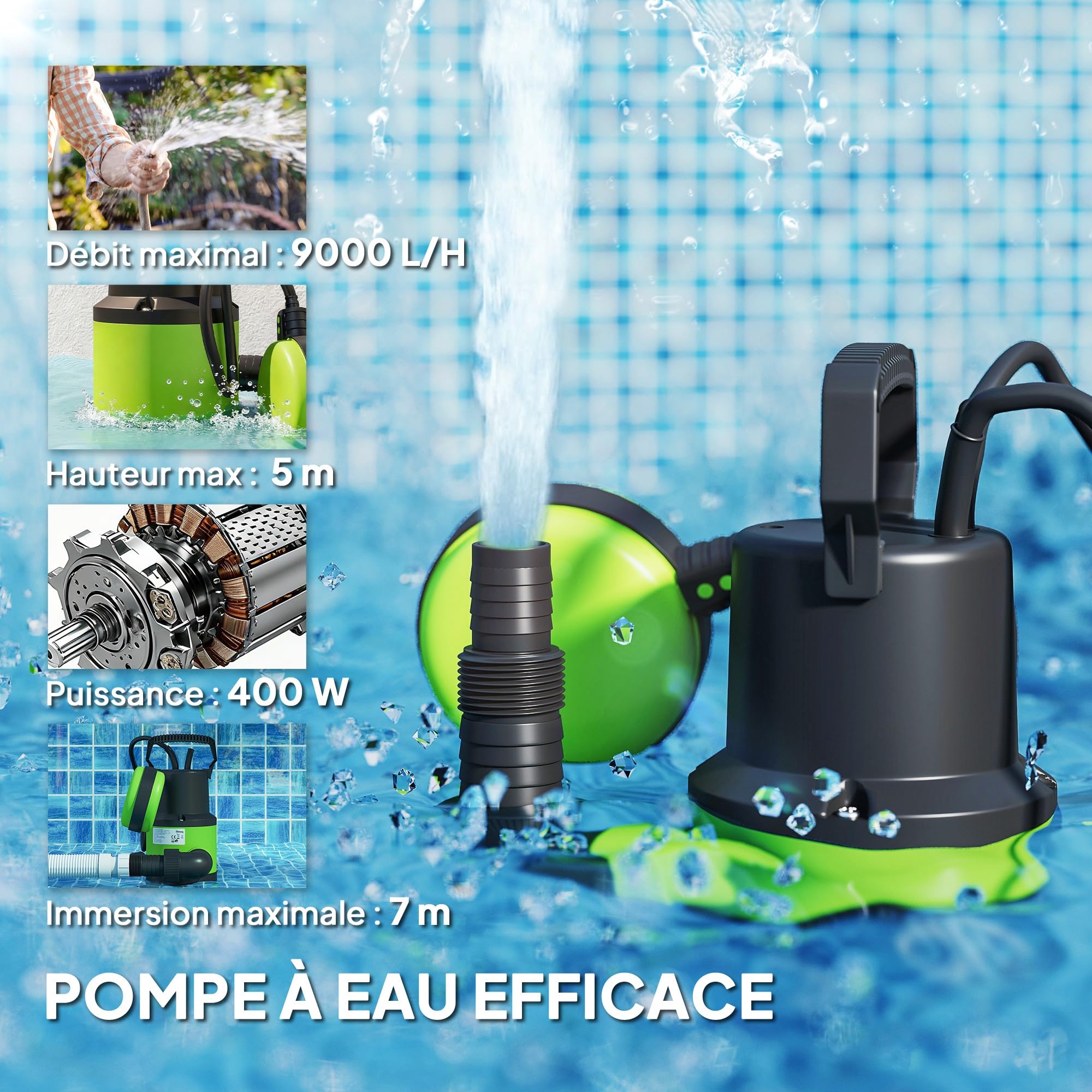 Outsunny Pompe d'Évacuation Eaux Chargées/Propres 9000L/H 400W 7m Max. Vert | Pour Eaux Sales, Particules Jusqu'à 15 mm, Pompe de Relevage Eaux Chargées, Interrupteur à Flotteur