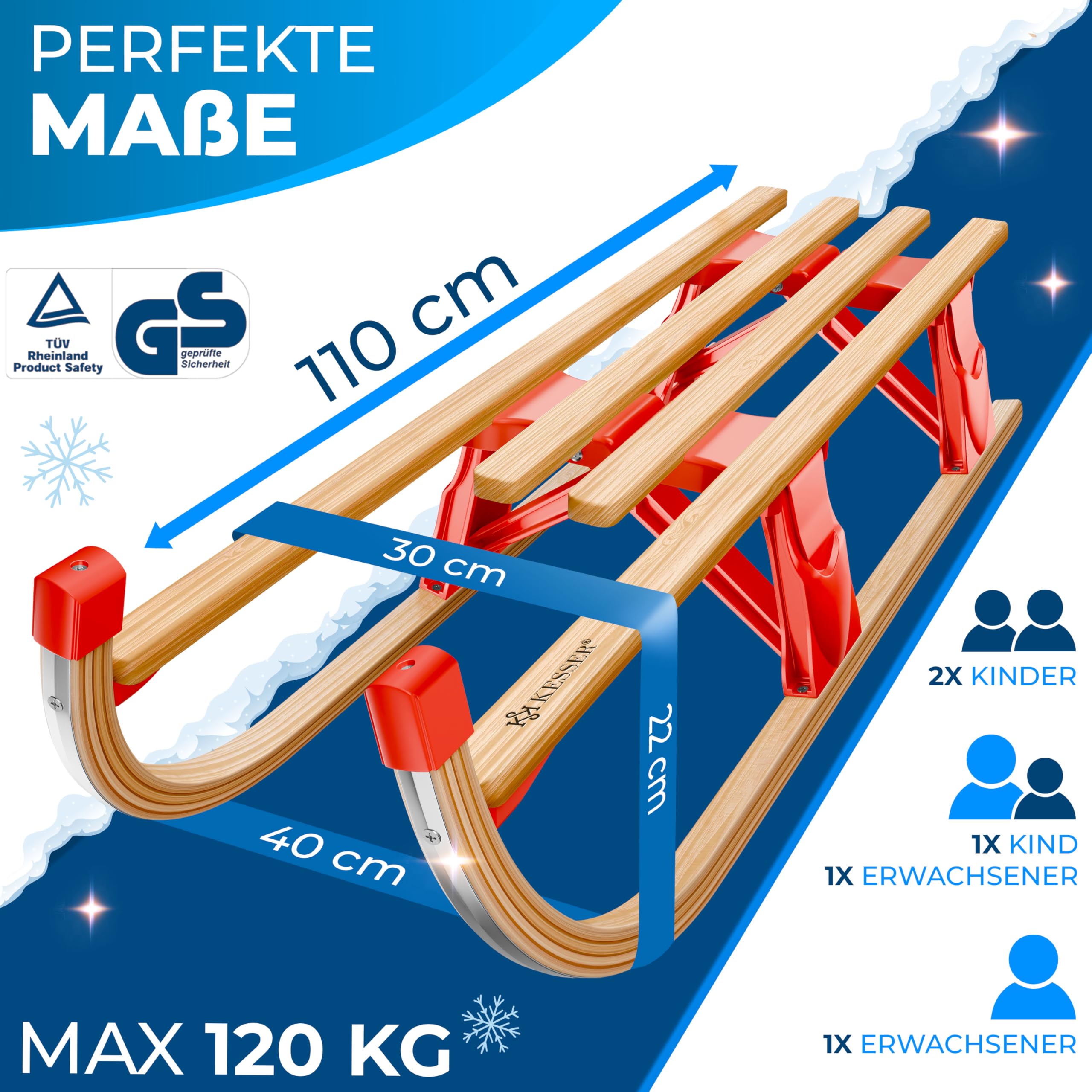 KESSER® Trineo de Madera Premium, Trineo Plegable para niños, Trineo de Madera de Haya Plegable para niños con Cuerda de Arrastre y Cuchillas de Metal.