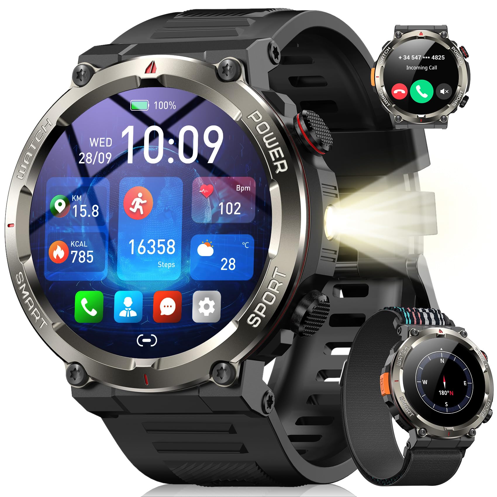 Blackview Smartwatch Uomo, 1.45" Smartwatch Militare Uomo Fitness con Chiamate Bluetooth Orologio Intelligente 100+ Modalità Sportive/Cardiofrequenzimetro/SpO2/Torcia/Bussola per Android iOS