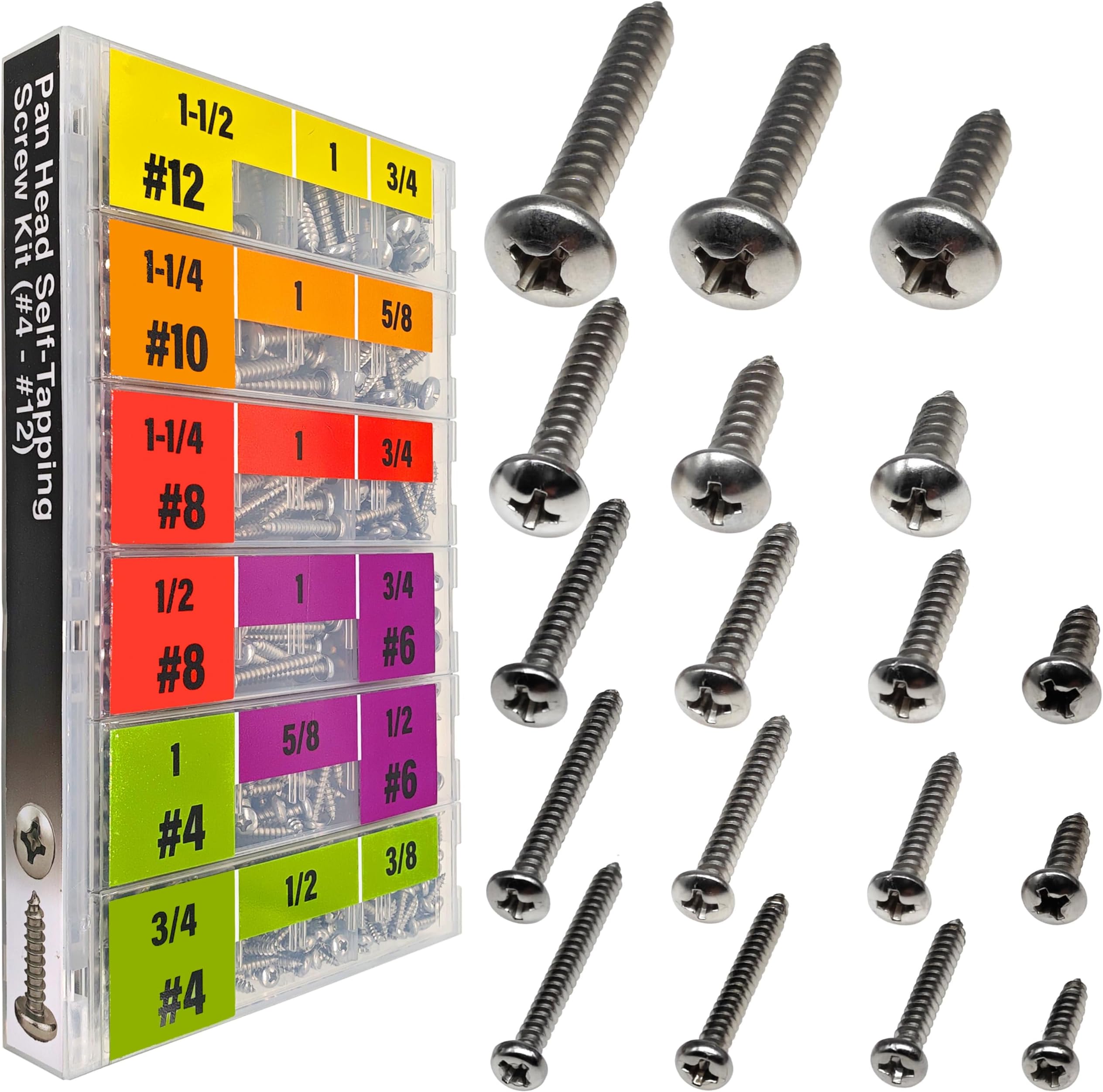 EEEEE Self Tapping Screws Assortment Set 552pcs, Assorted Screws SAE #4#6#8#10#12 304 Stainless Steel Sheet Metal Screws Kit Phillips Drive Wood Screw Assortment (SAE Pan Head 552pcs)