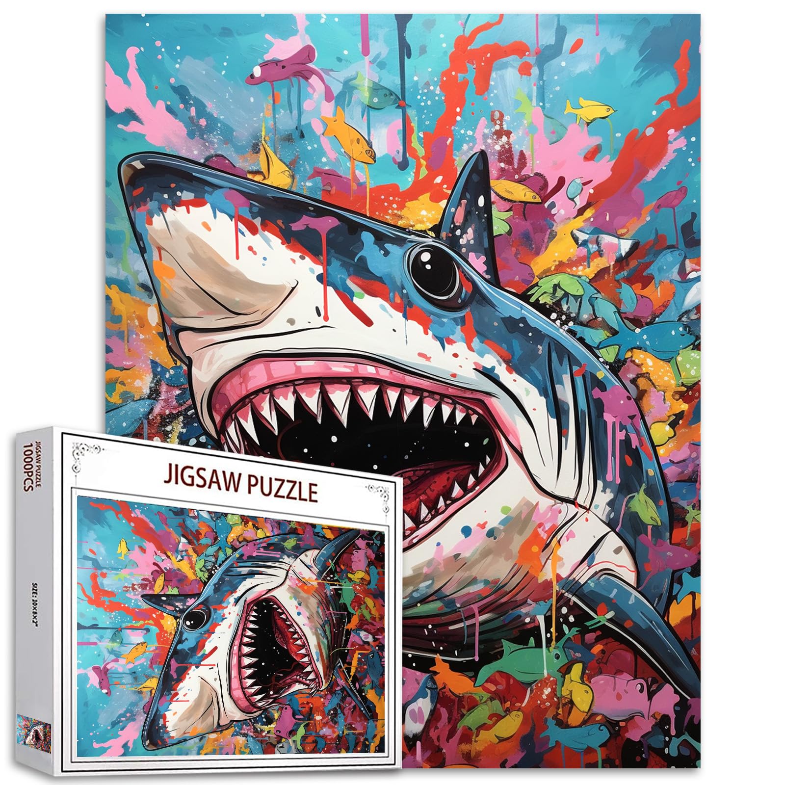Animal 1000 Piece Jigsaw Puzzles for Adults Graffitic Shark Painting Jigsaw Puzzle Underwater World 1000 Pieces Puzzles Game Home Wall Decor DIY Craft