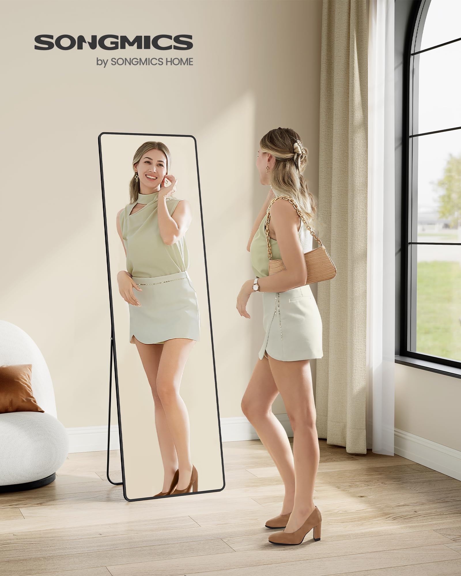 SONGMICS Specchio a Figura Intera, 160 x 50 cm, Specchio da Terra Rettangolare con Supporto, Cornice in Lega di Alluminio, Vetro Temperato, Camera da Letto Soggiorno, Nero Inchiostro LFM030B01