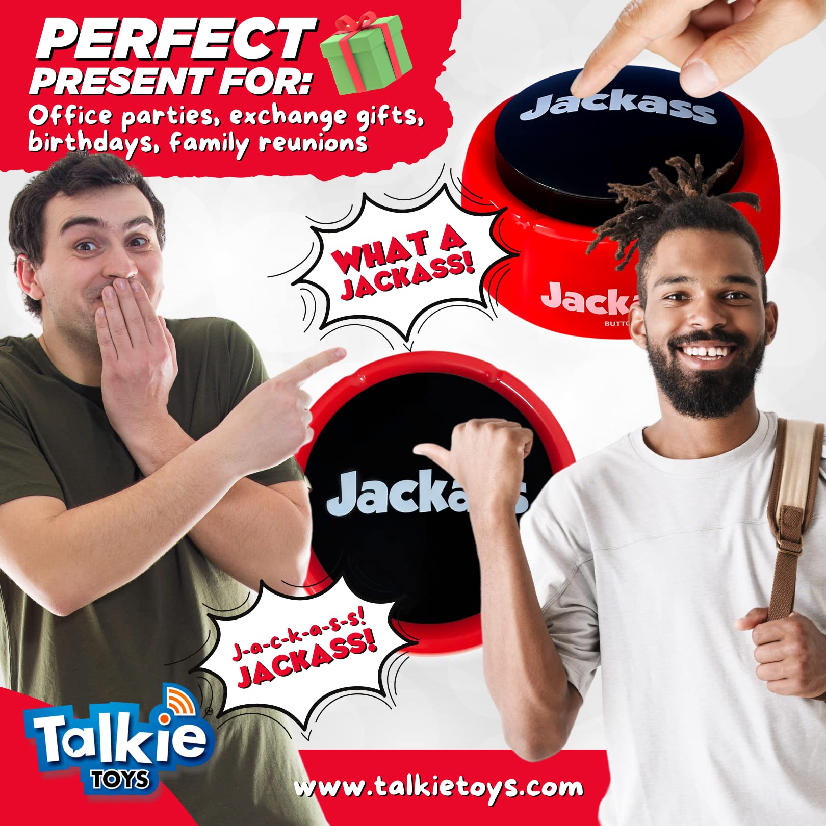 Talkie Toys Products Sprechender Jackass-Knopf mit witzigen Jackass-Sprüchen – lustiges Geschenk für Erwachsene und Teenager aller Geschlechter