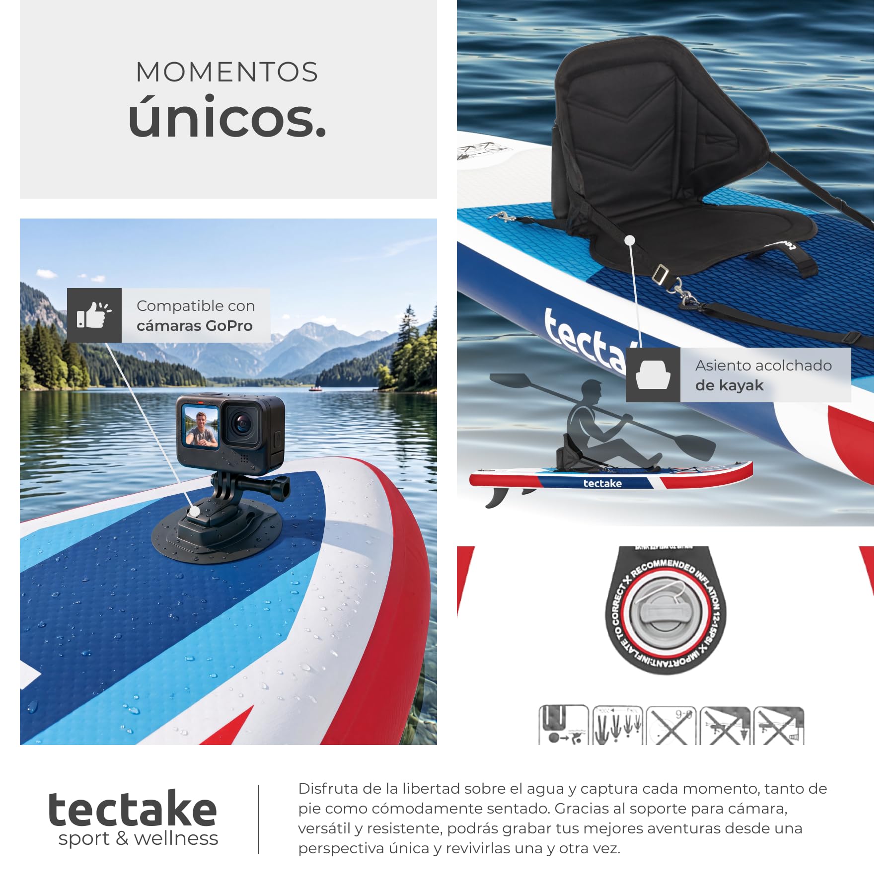 tectake® Tabla Paddle Surf Hinchable, 200 kg, Asiento Kayak, Soporte Cámara | Asiento de Kayak, Capacidad 200 kg, Antideslizante, Drop-Stitch, 288 cm, Resistente, Ligero, Remo Ajustable, SUP, Rojo/Azul