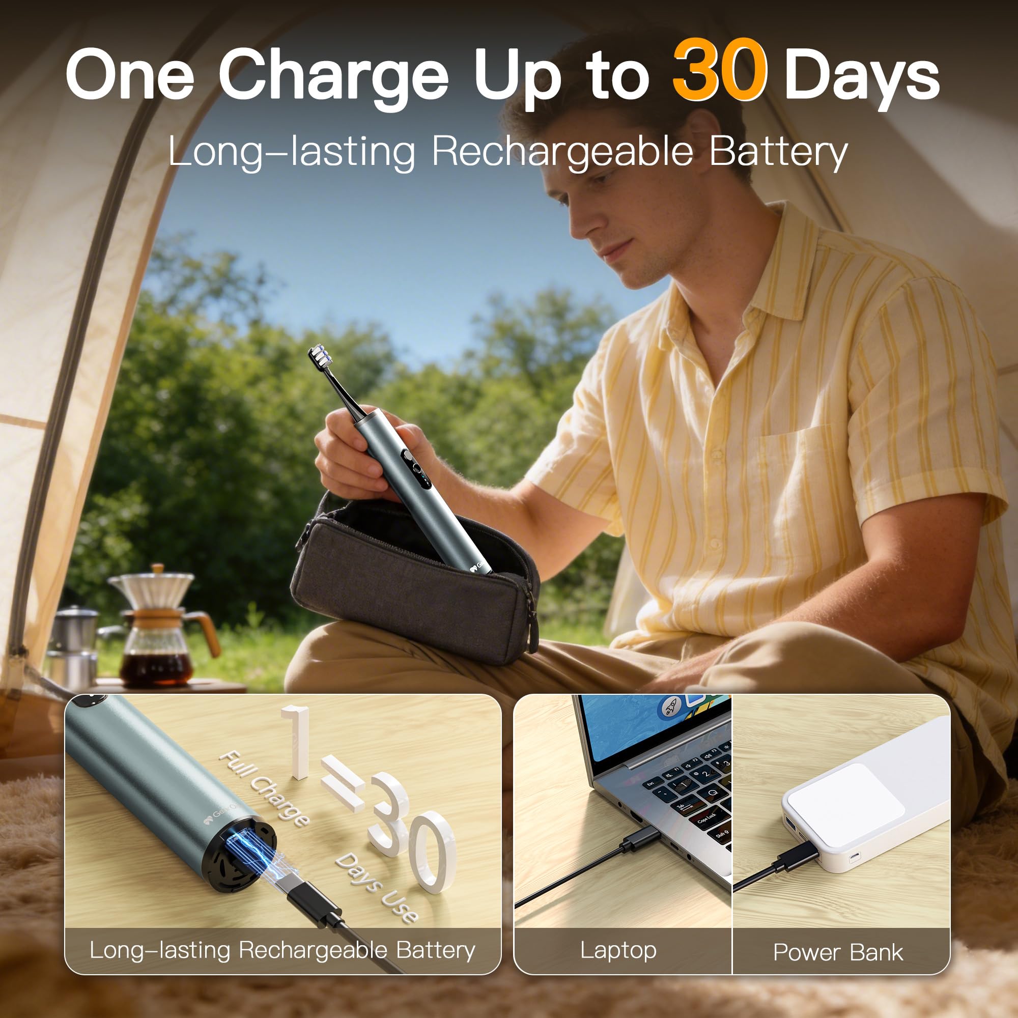 Spazzolino elettrico sonico M23 per adulti, design da viaggio retrattile, corpo in lega di alluminio, ultraleggero da 130 g, batteria da 30 giorni, ricarica USB-C, 3 modalità, impermeabile