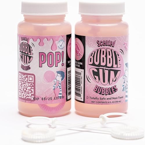 Atomic Bubbles Bubble Love Bubblegum - Paquete de 2 botellas de 4 onzas, varita de gran tamaño, eventos para niños, recuerdos de fiesta, interior y