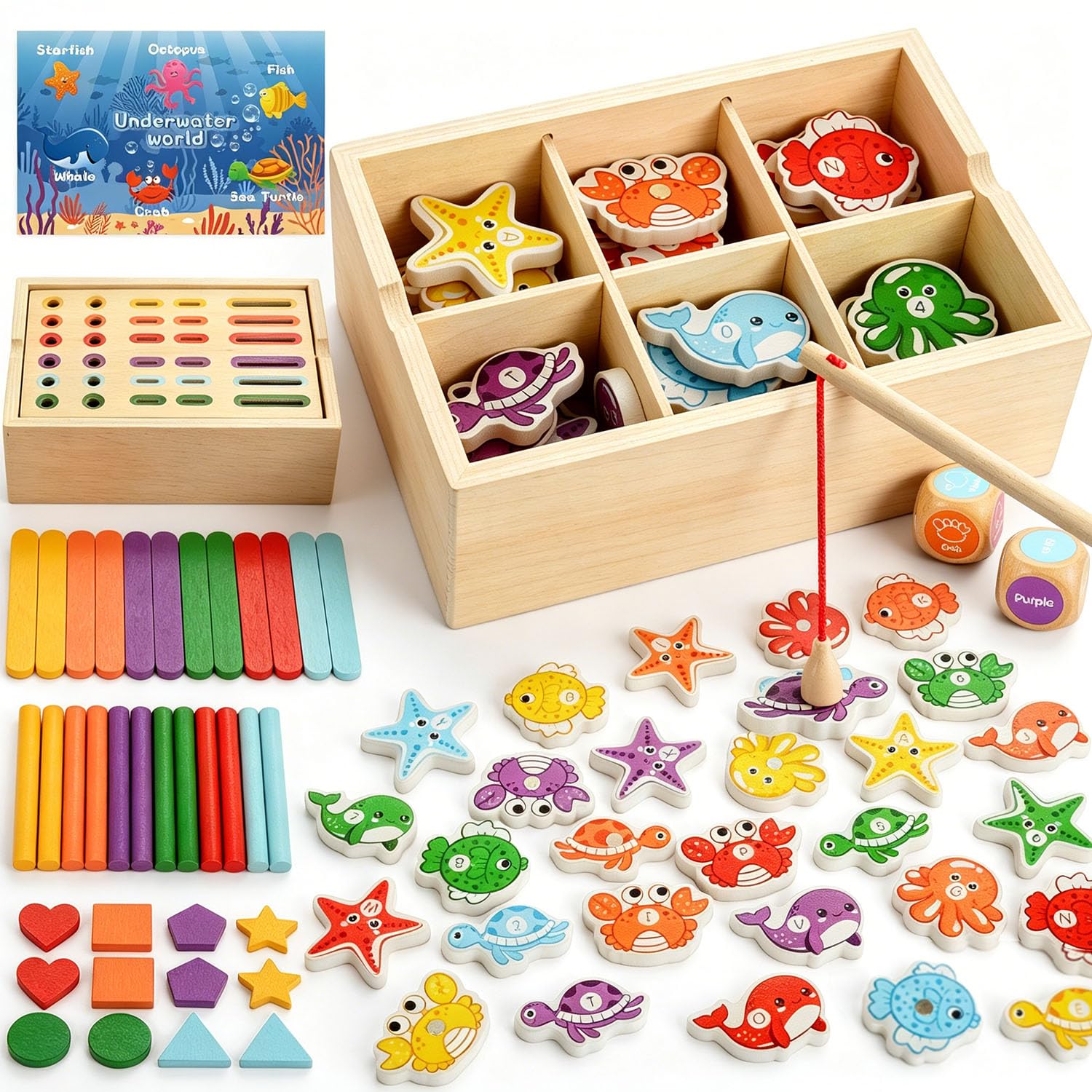 Montessori Toys for Kids 1 2 3 Years, Magnetic Fishing Game and Color Sorting, Wooden Montessori Game, Sensory Educational Toy Babies, Gift Boys Girls Birthday Christmas