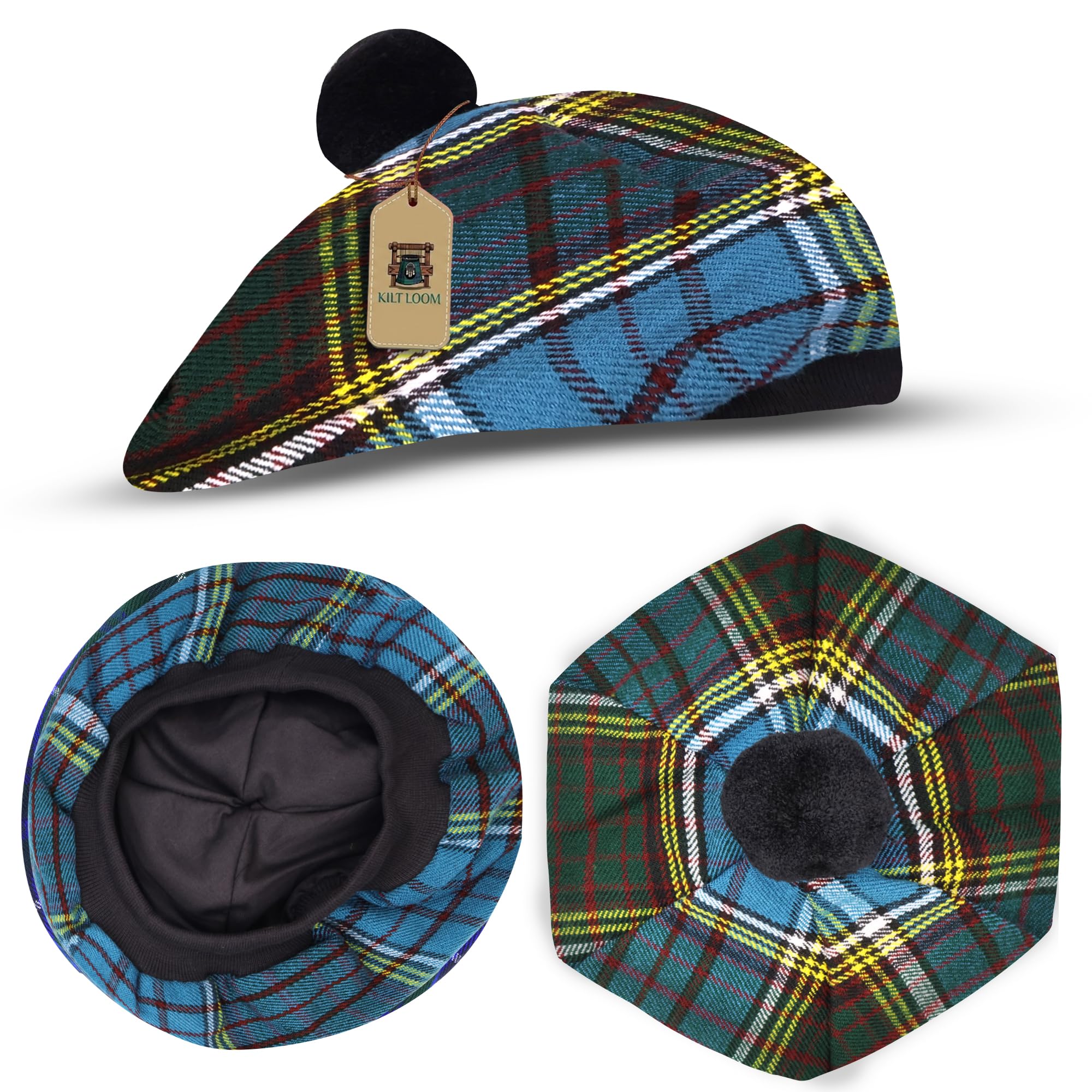 Tam O Shanter Scottish Hat, Tartan Bonnet with Pom Pom, Traditional Highland Beret, Kilt Dress Hat (UK, Alpha, One Size, Anderson)