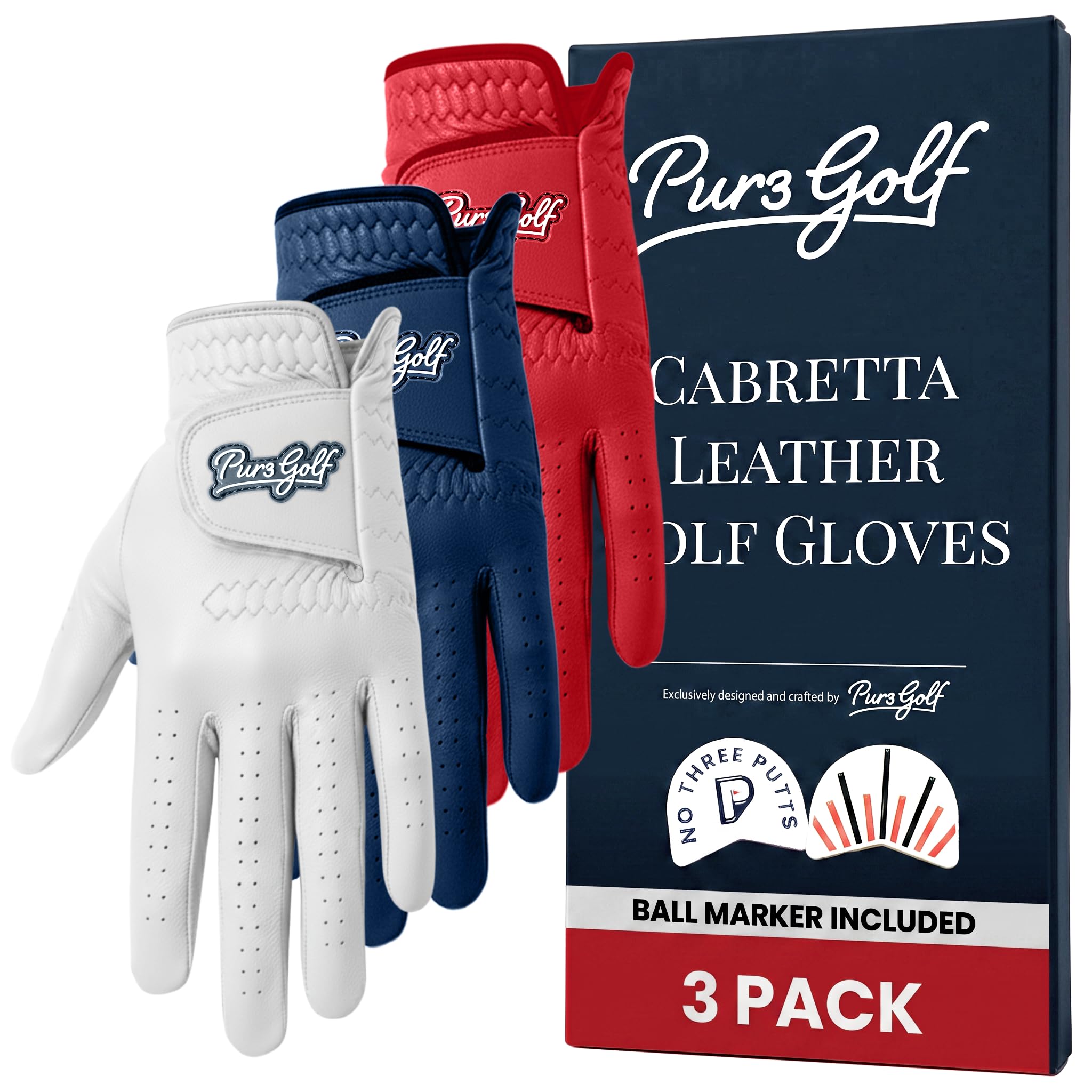 Męskie rękawice golfowe 2.0 Premium Cabretta skórzane - opakowanie 3 szt. (czerwone, biało-niebieskie) z markerem kulkowym dla użytkowników prawo- i leworęcznych