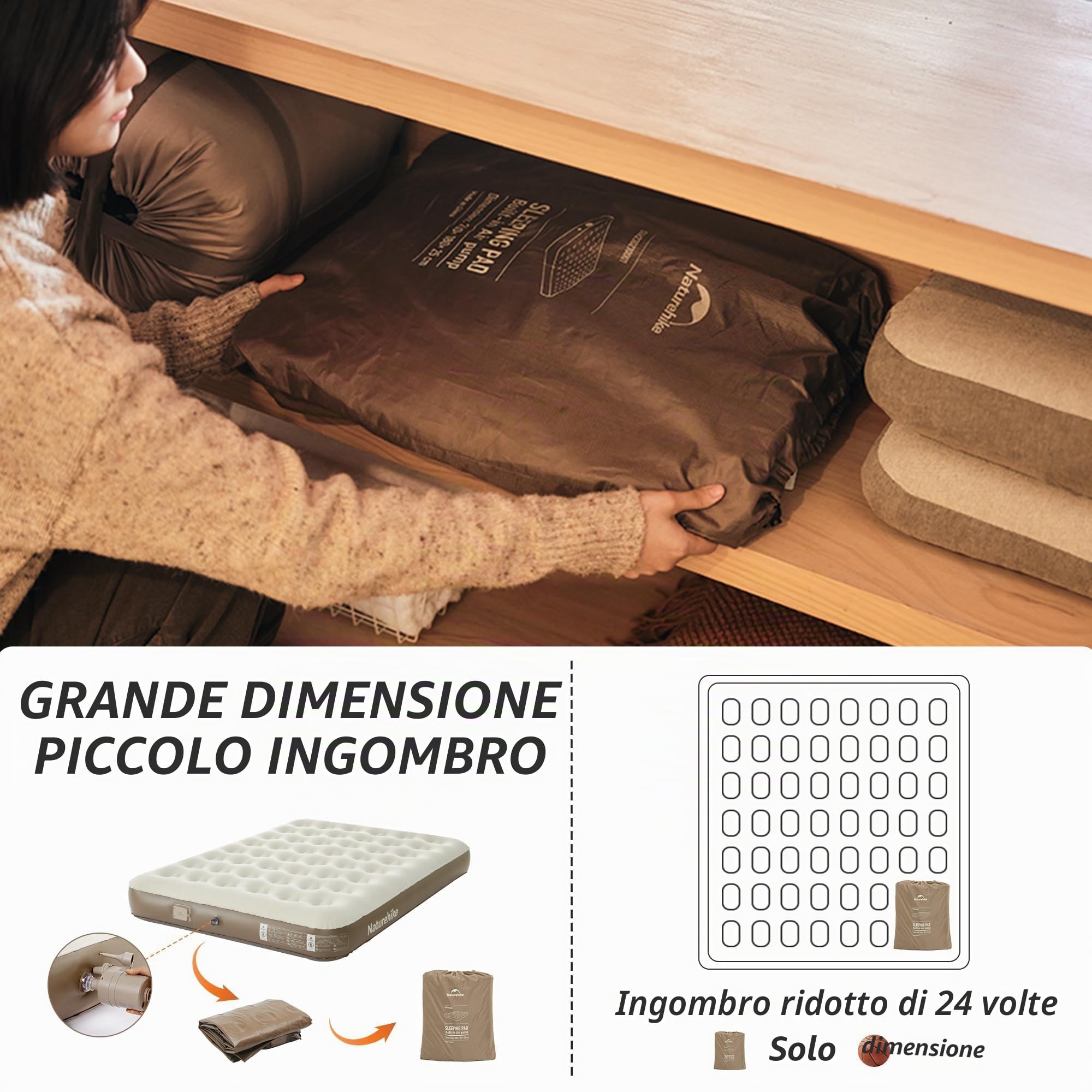 Naturehike Materasso ad Aria per 2 Persone 200x150x25 cm, Pompa Elettrica Ricaricabile, Letto Autogonfiabile di Alta Qualità per Campeggio e Uso Domestico