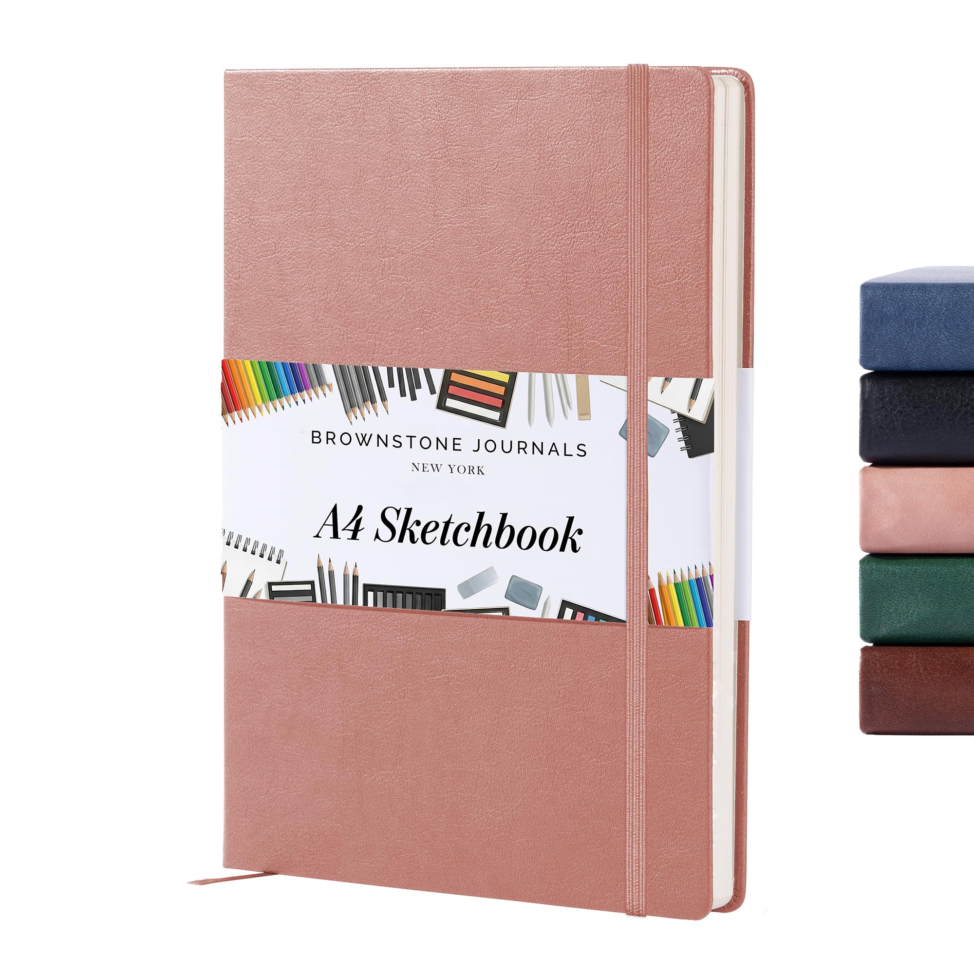 BROWNSTONE JOURNALS Szkicownik A4, twarda okładka, 80 arkuszy, 100 g/m², 20 x 20 cm, płaska, wegańska skórzana okładka, elastyczna taśma, tylna kieszeń, książka do rysowania artystycznego (drewno