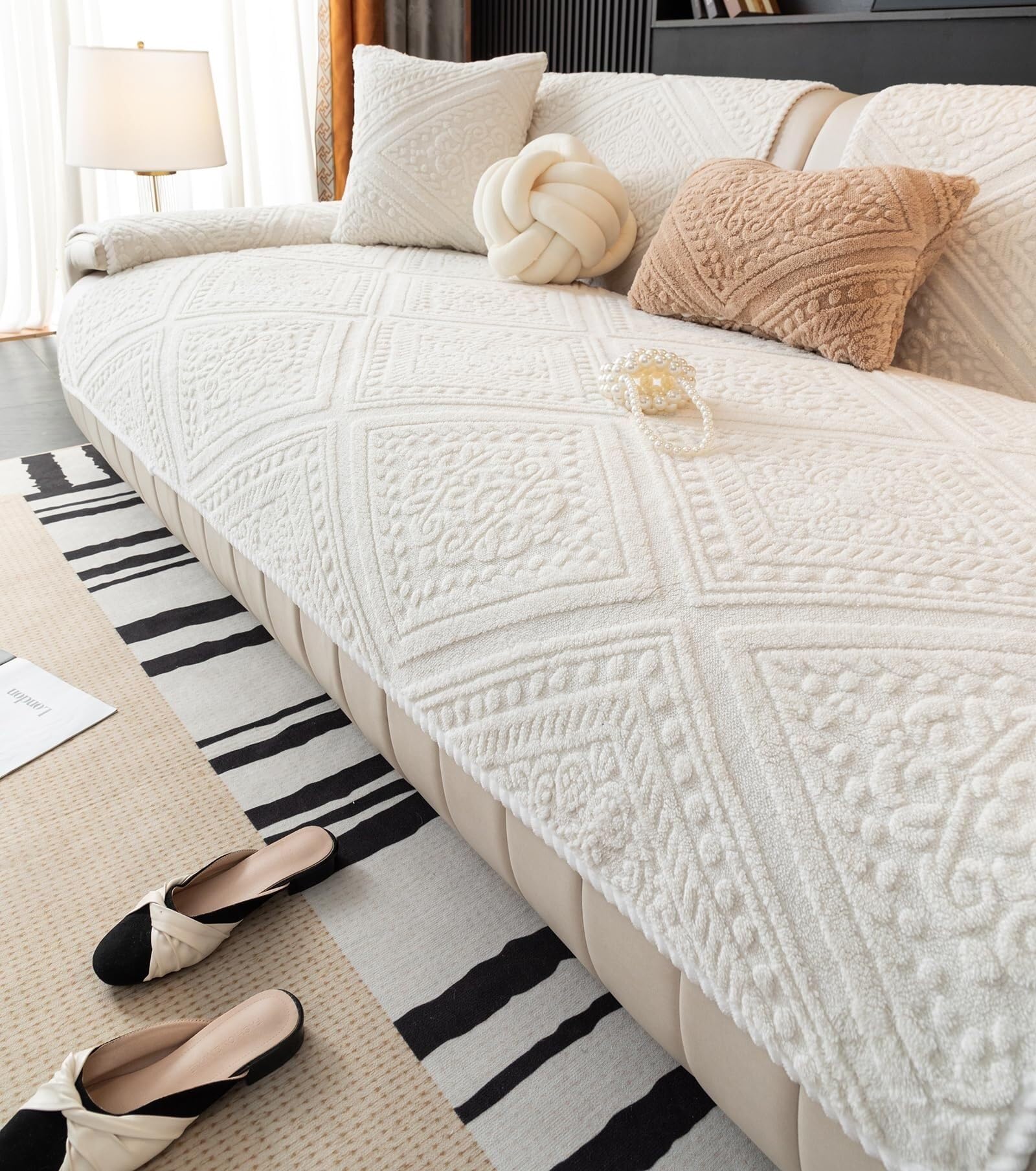 Housse de canapé lavable et antidérapante en jacquard crème