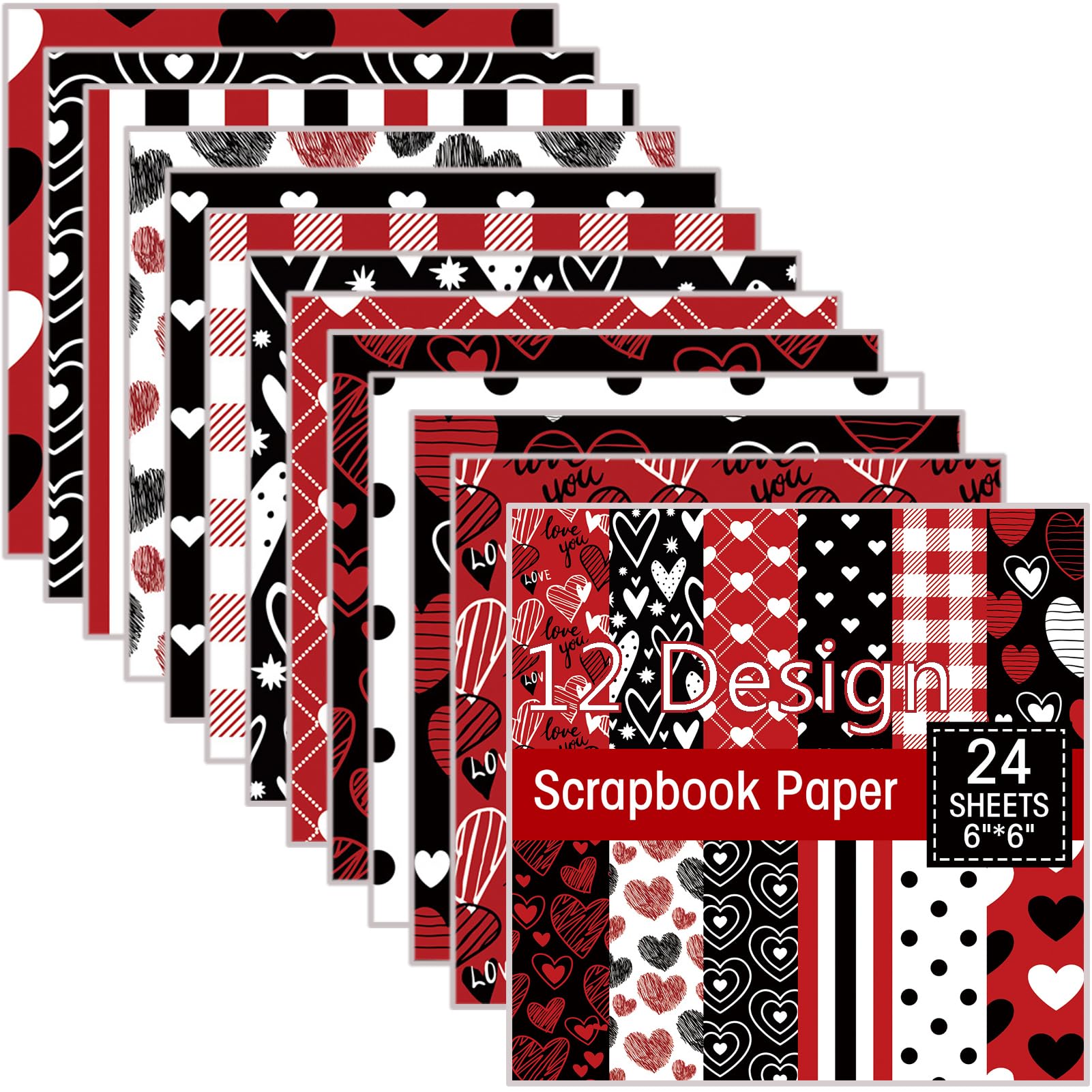 24 Sheet Valentine's Day Scrapbook Paper Pad Love Red Heart Pattern Paper Single-Sided Romantic Craft Paper for DIY Card Making Scrapbook Photo Album Decor, 12 Designs, 6 x 6 inch (Style-C)