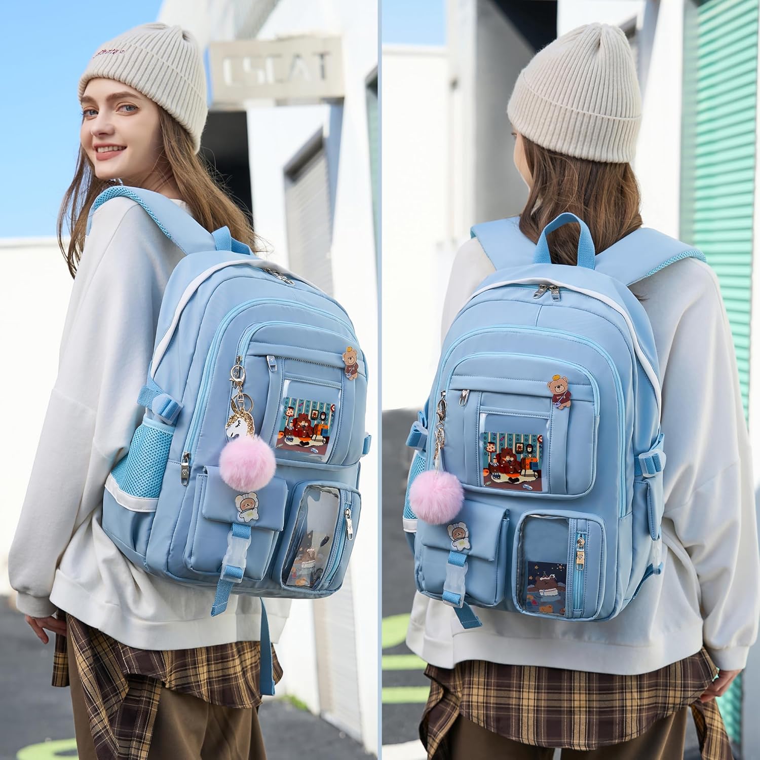 Backpack for Girls with Accessories Laptop Bookbags 16 Inch Kawaii Kids Elementary Middle High School Bag College Travel Daypack Gifts for Teens Women Students (Blue) - Image 6