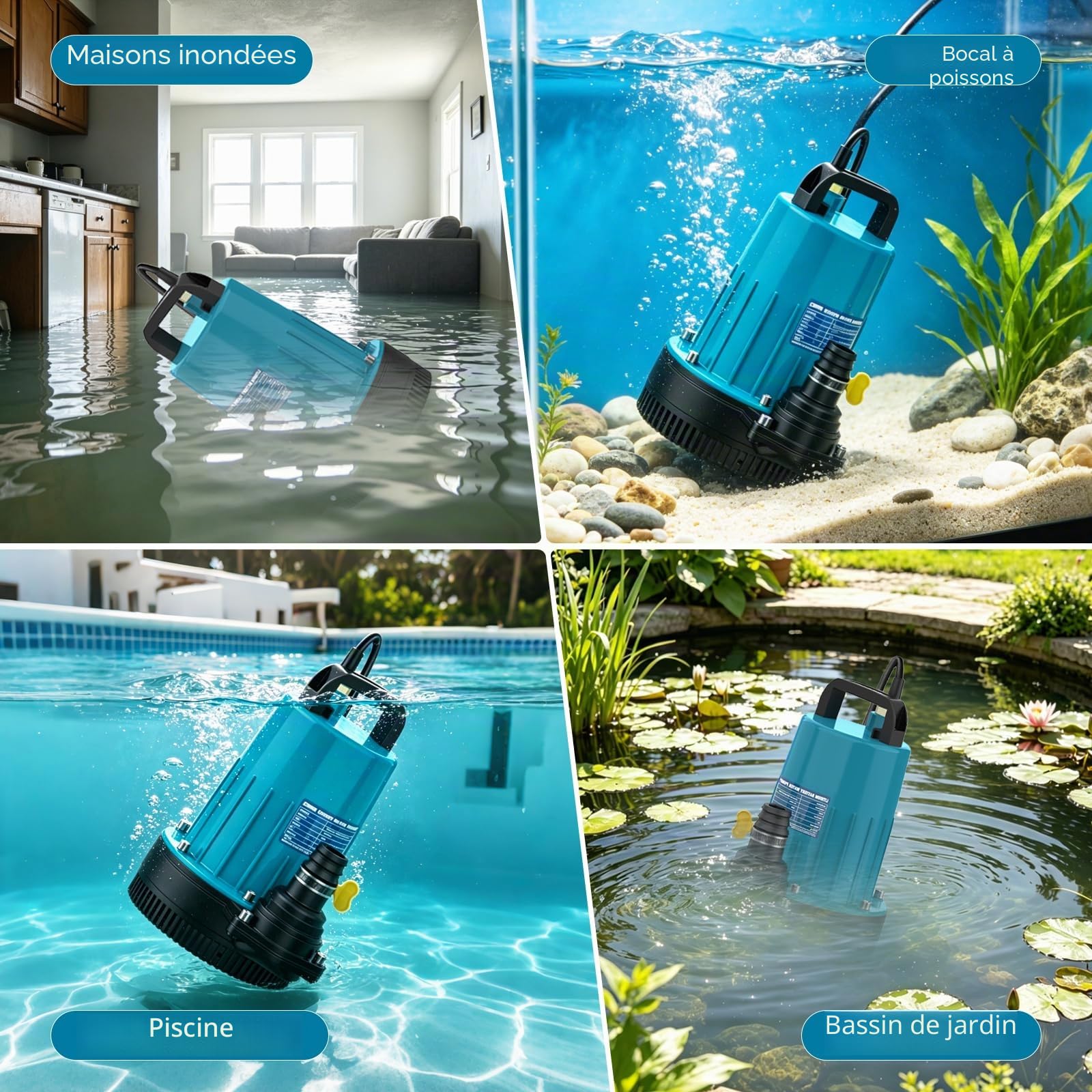 Pompe Submersible, 11000 L/H Pompe à eau Sans fil avec Câble de Connexion de 5m, Batterie 21V et Chargeur,Hauteur de Refoulement Max.12m, Idéal pour Piscine, Lit à eau, Arrosage du Jardin