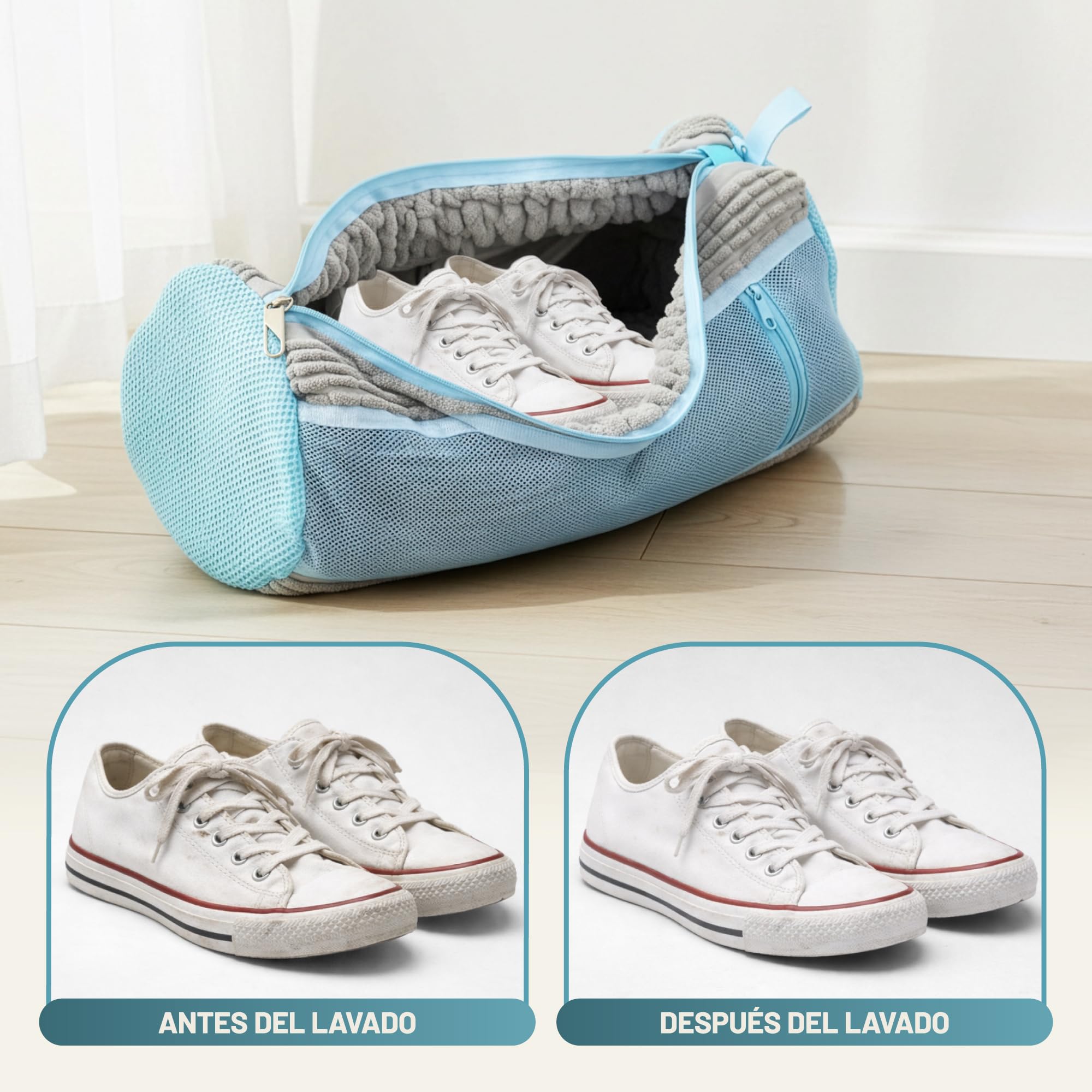 Bolsa Lavadora Zapatillas Premium, 1 Bolsa para Lavar Zapatillas en Lavadora con Chenilla 360°, Reutilizable, Malla Reforzada, Cremallera Oculta, Funda para Lavar Zapatos en Lavadora, Protección Total — view 6