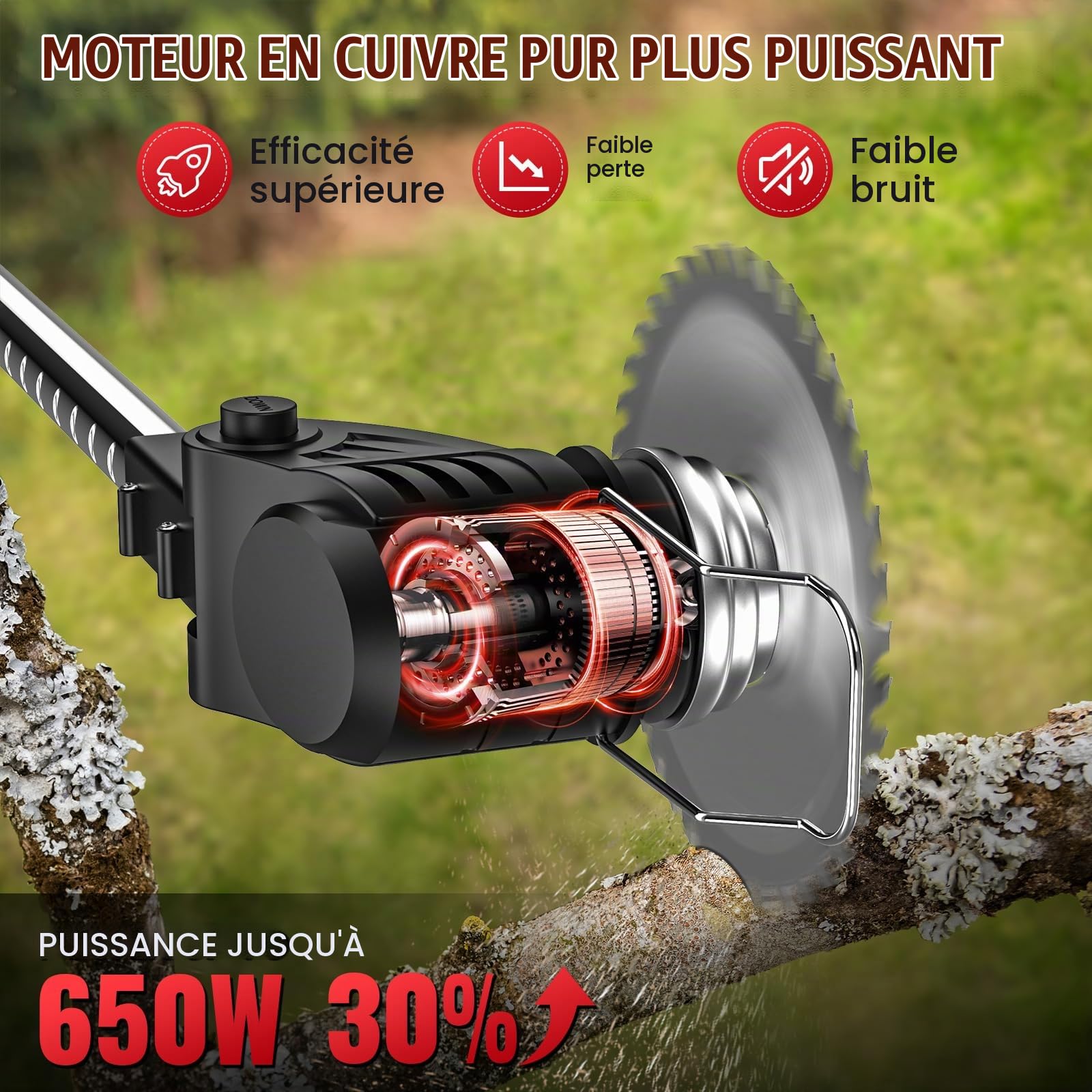 Débroussailleuse Électrique Sans Fil 21V, Coupe-Bordure avec 2 x 3.0Ah Batterie, 3 Types de Lames, Tige Télescopique, Faible Bruit, Pliante
