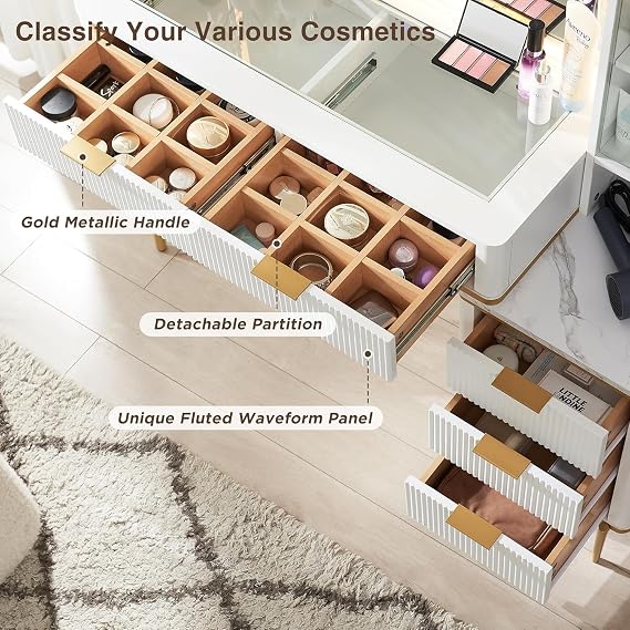 T4TREAM Fluted Makeup Vanity Desk with 36 HD Lighted Mirror, 48 Big Modern Vanity Desk with Mirror and Lights, Dressing Table with 5 Drawers & Shelves, Glass Top for Bedroom (Off White)