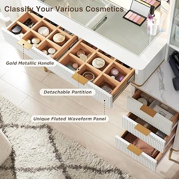 T4TREAM Fluted Makeup Vanity Desk with 36 HD Lighted Mirror, 48 Big Modern Vanity Desk with Mirror and Lights, Dressing Table with 5 Drawers & Shelves, Glass Top for Bedroom (Off White)