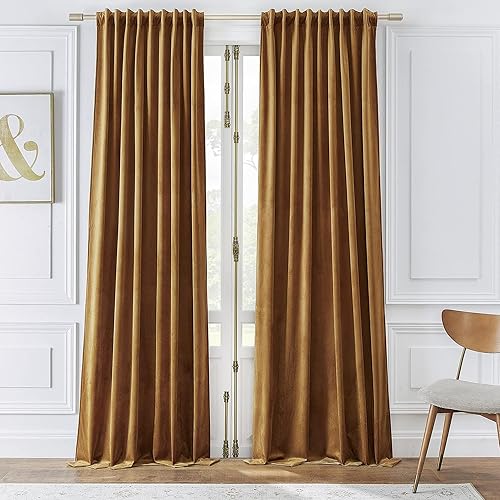 Timeper Gold Brown Pleat Back Tab Velvet Curtains W52 x