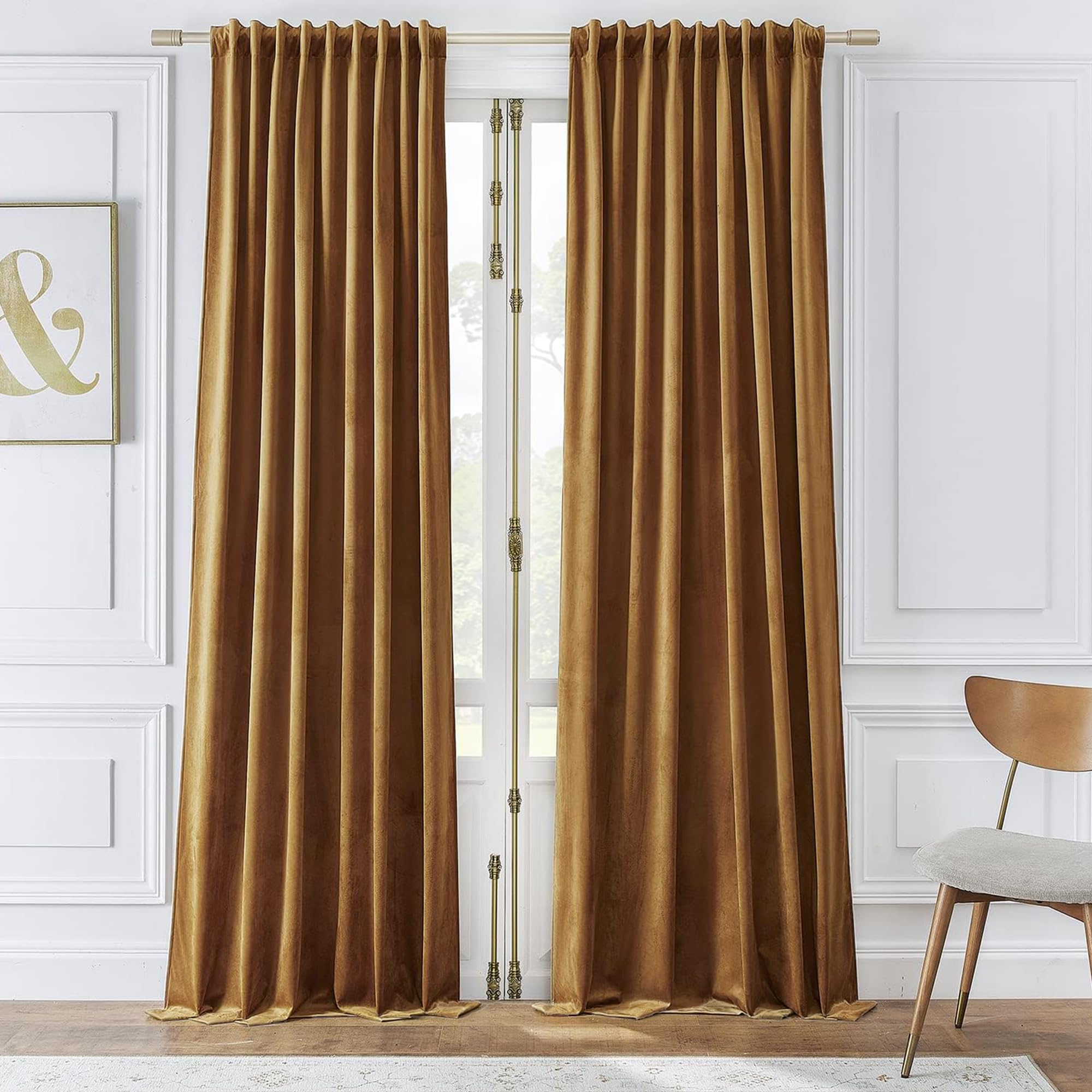 Timeper Gold Brown Pleat Back Tab Velvet Curtains W42 x L84 inches 2 Panels, Room Darkening Solid Home Decor Curtains for Bedroom Living Dining Room Thermal Insulated Luxury Super Soft Window Drapes
