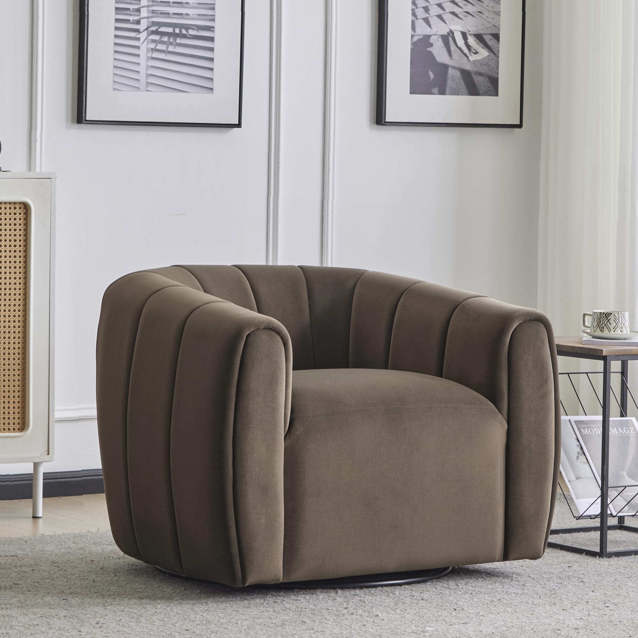 Monroe Velvet Swivel Club Chair, Armchair with 360-Degree Rotation, Upholstered Barrel Swivel Sofa Chair for Living Room, Tufted Back, Thick Cushion, Iron Base, Dark Brown