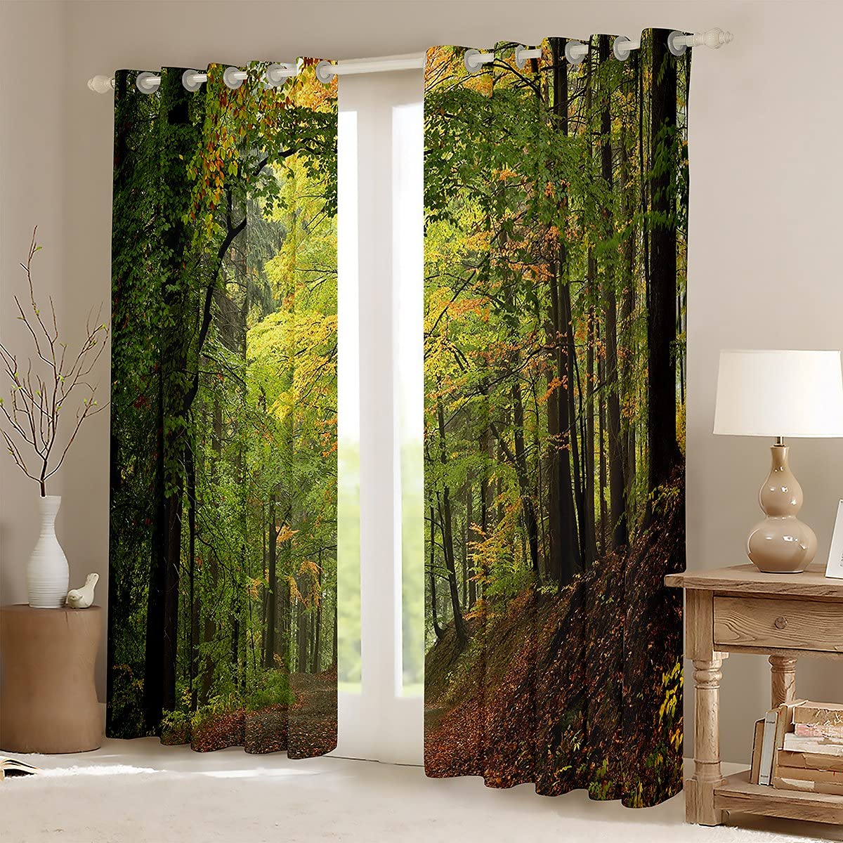 Loussiesd Forest Curtains Autumn Forest Window Drapes for Teens Kids Men Trees Foggy Print Window Treatments Woodland Scene Window Curtain Room Decor W46*L72 - Image 3
