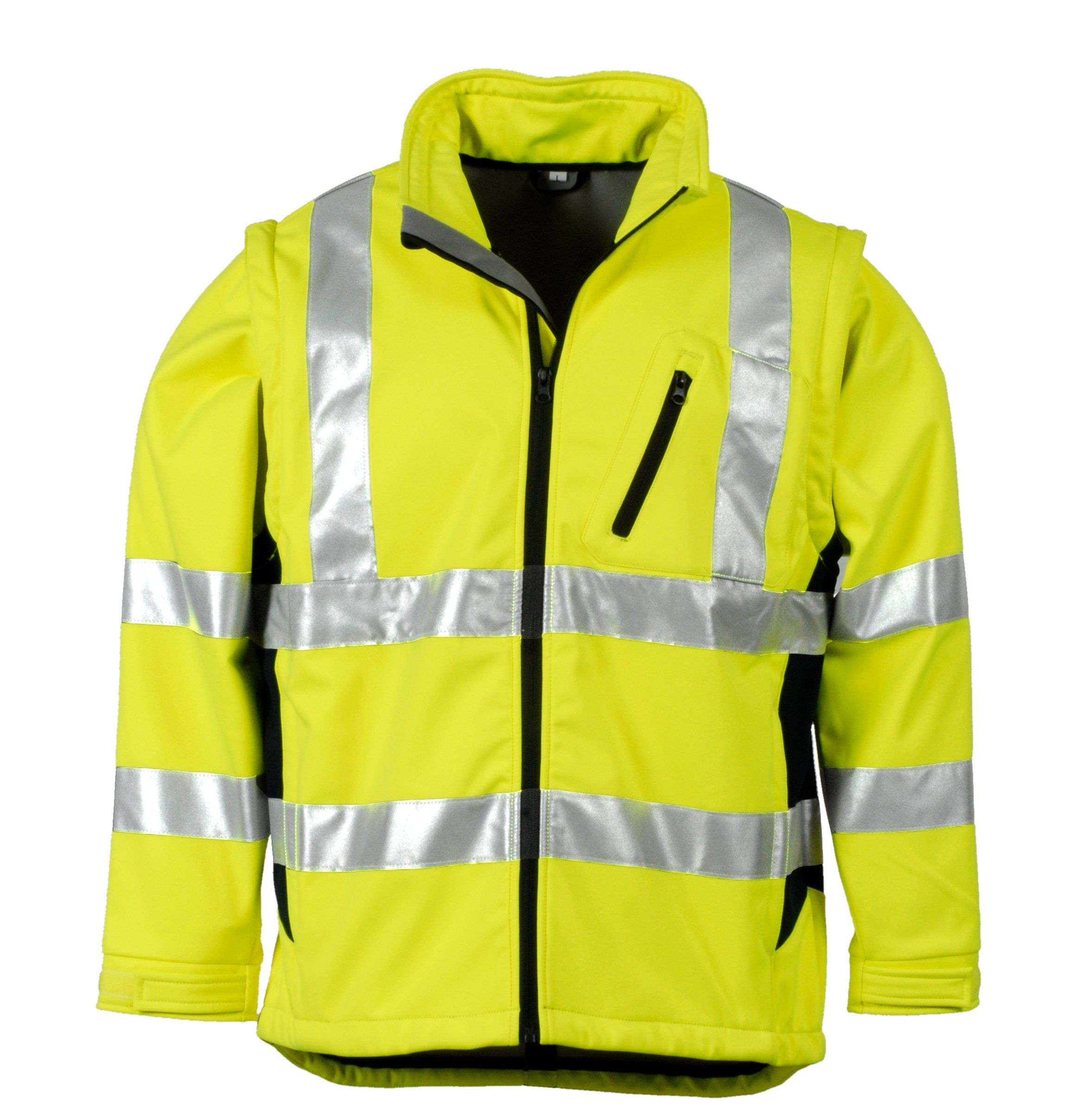 LeiKaTex Softshell-Warnschutzjacke für Herren und Damen (XL, Neongelb/Marine) winddicht, wasserabweisend, atmungsaktiv, abnehmbare Ärmel, Fleece Innenstoff EN 20471 Arbeitsjacke