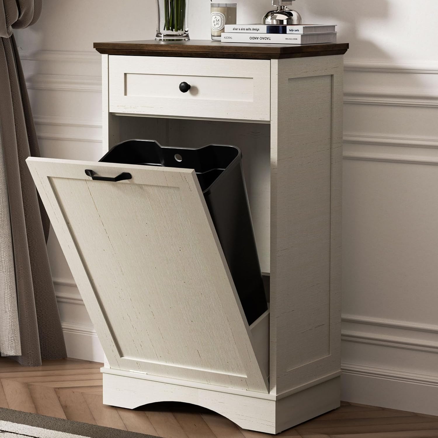 AHB 13 Gallons Tilt Out Trash Cabinet Hidden Trash Can Cabinet Freestanding Garbage Recycling Cabinet with Hideaway Drawer Pet Proof Trash Bin for Kitchen Living Room, Antique White