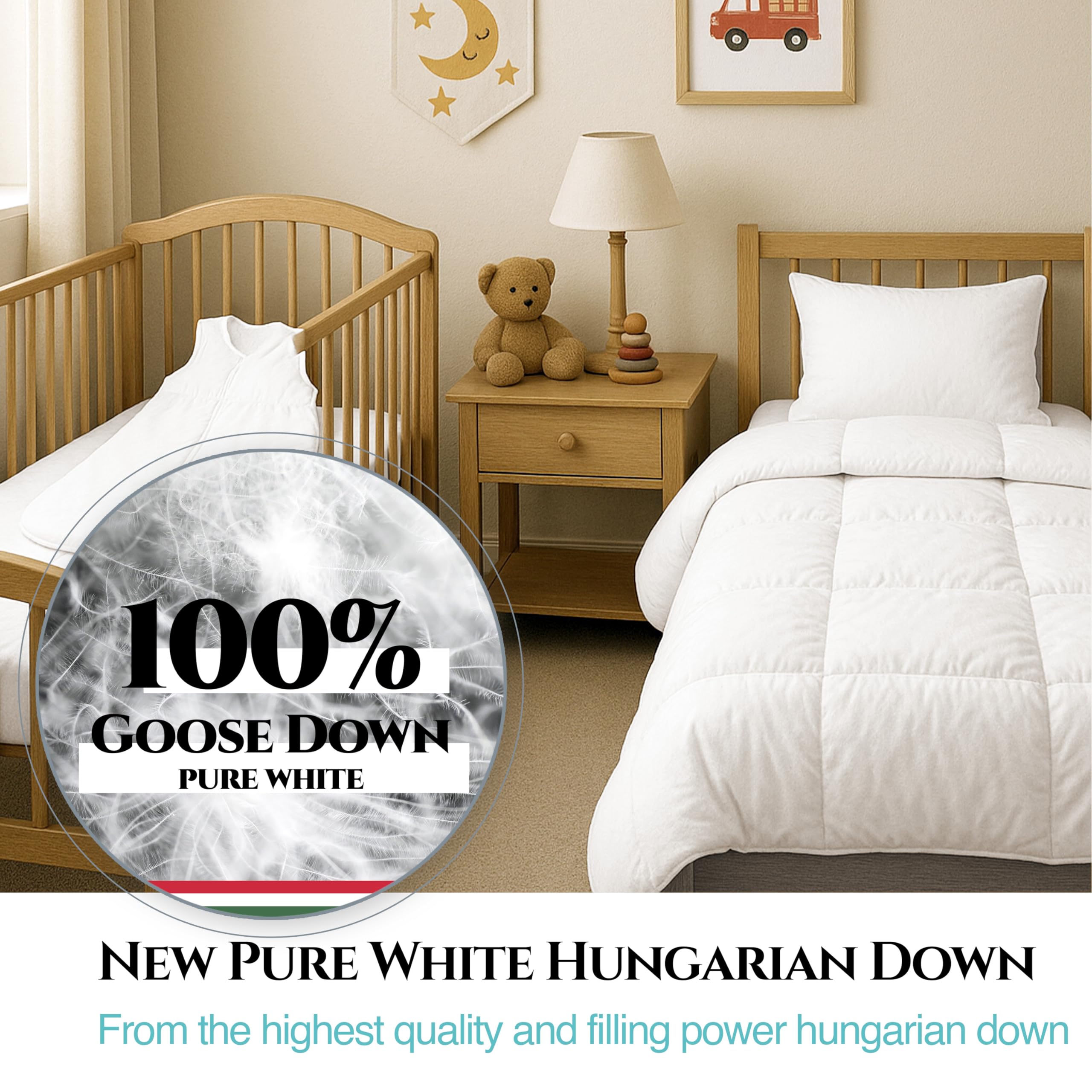 Aura® Plush Kinder Ganzjahres-Daunendecke 100×135 cm – 100% Neue weiße ungarische Gänsedaunen Klasse I – extra weich & atmungsaktiv – Baumwolle Oeko-TEX® Standard 100 – allergikergeeignet