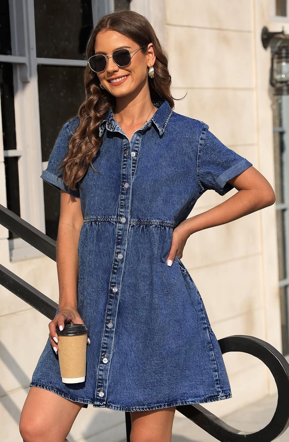 KDF Denim Dress for Women with Pockets Short Sleeve Babydoll Denim Shirt Dresses for Women 2025 - Image 6