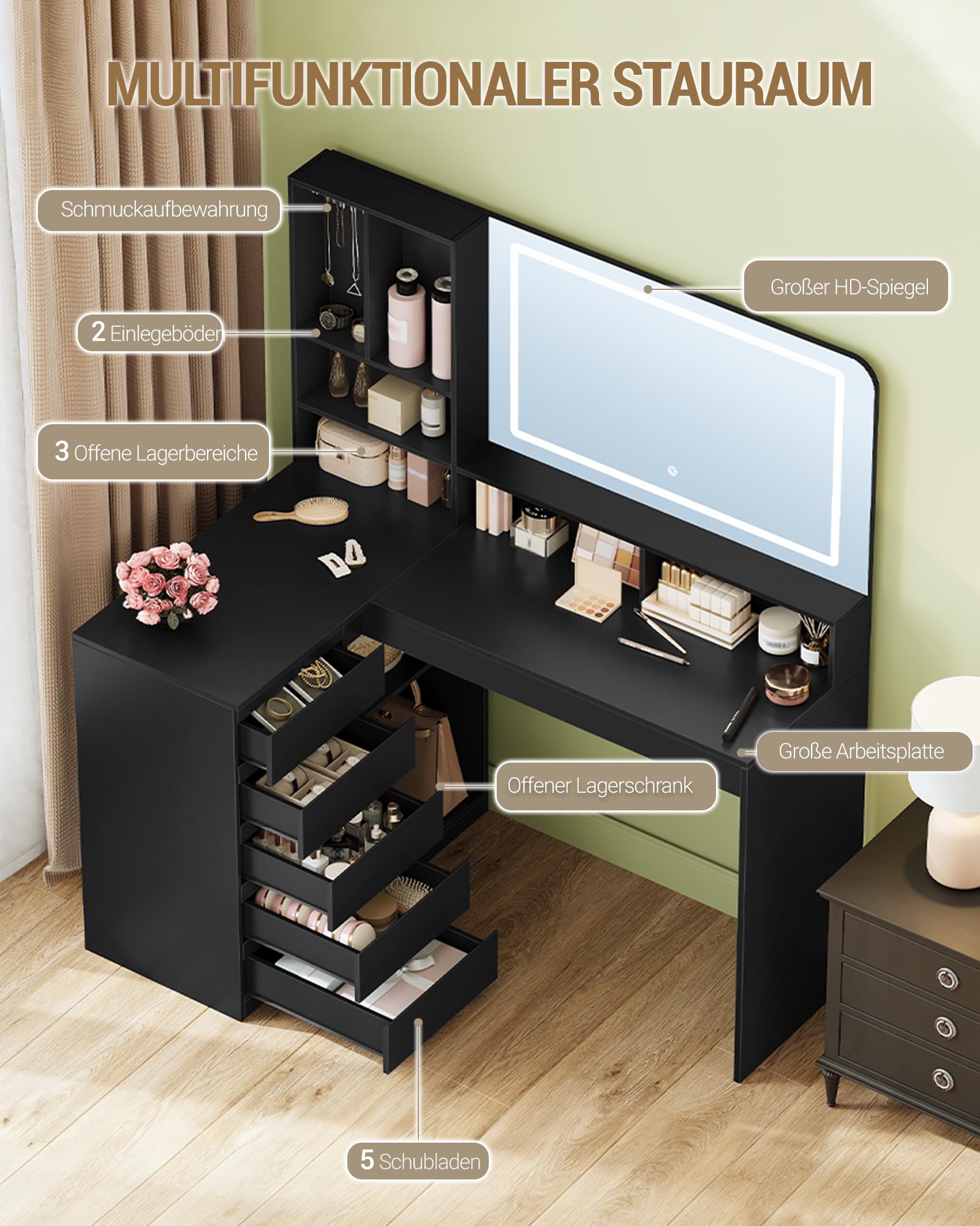 Hzuaneri Schminktisch mit Große Spiegel,Schminktisch mit LED-Beleuchtung, L-Förmiger Eck- mit 5 Schubladen und 7 Offenen Fächern, Kettenhaken, Schlafzimmer, Ankleidezimmer, Modern, Schwarz DT42506XEU