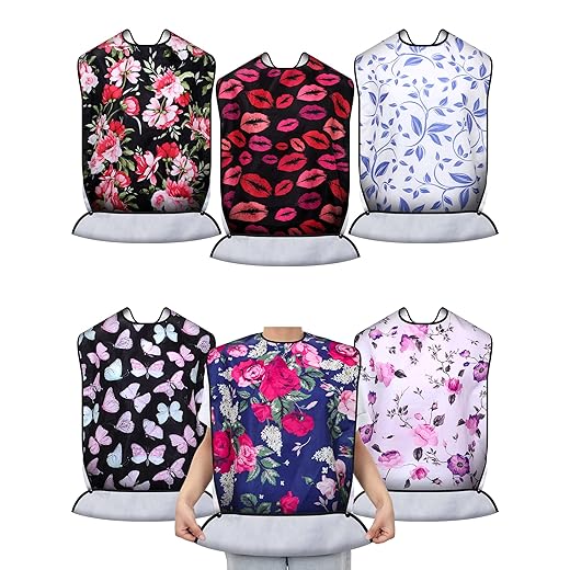 6 Pcs Adult Bibs for Eating with Crumb Catcher Washable Eating Bib Flower Butterfly Reusable Waterproof Clothing Protector Eating Cloth for adults Women Men Elderly Seniors Disabled