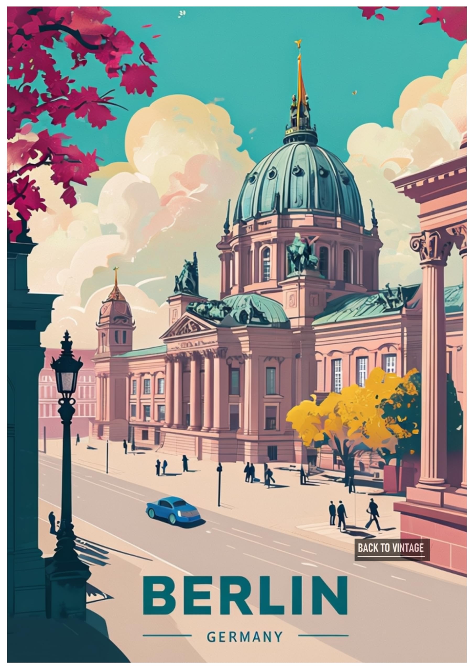 Back To Vintage Multicoloured Vintage Travel Poster Illustration Of Scenic Berlin City Architecture - Retro Europe Travel Poster A4 Size Vintage Wall Art Print Of Famous European Destinations Ideal For Home Or Office Decor