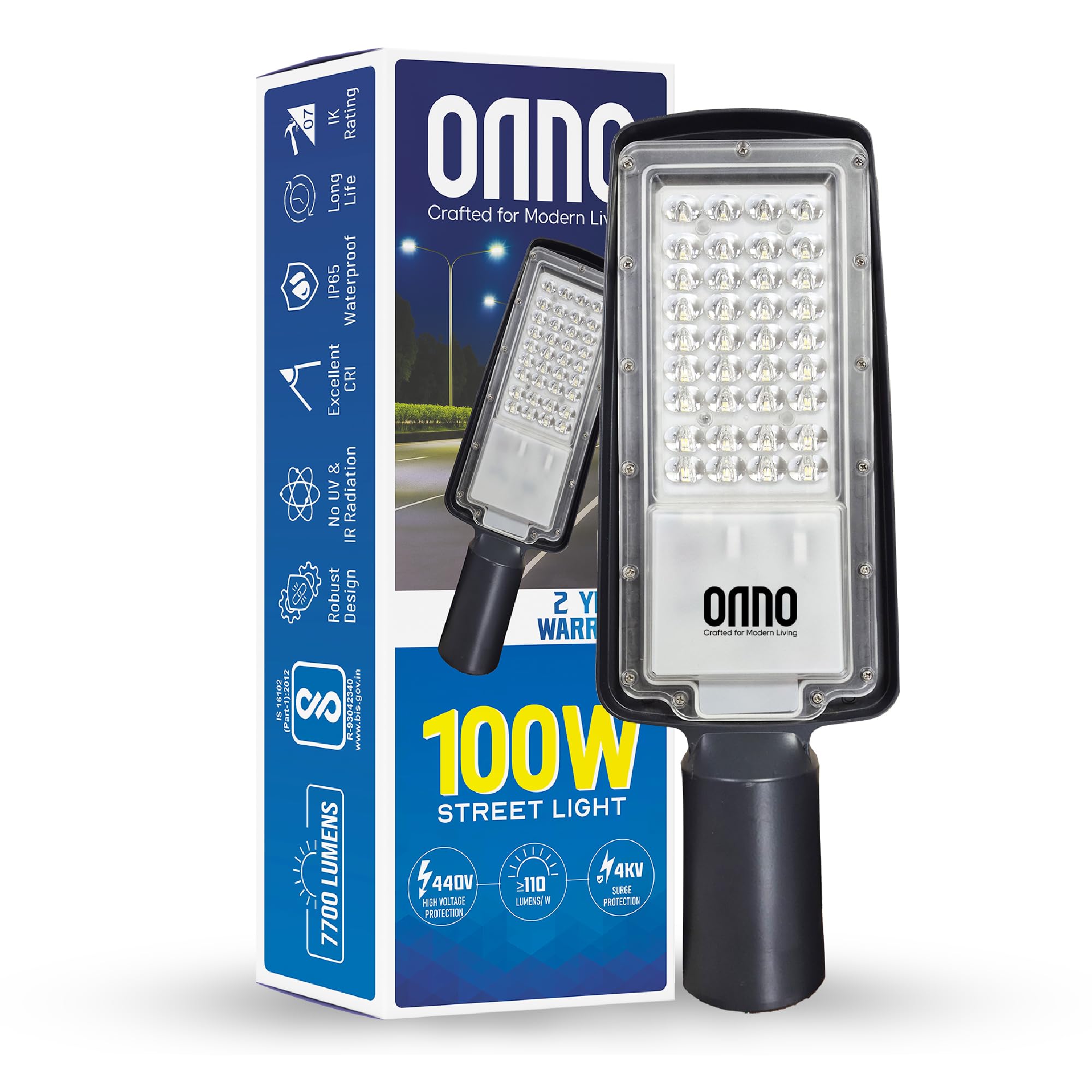 ONNO 100W LED Street Light | 11000Lm | Aluminum | IP65 Waterproof | Cool Day Light 6500K | BIS Approved | Outdoor Security & Area Light | Pack of 1
