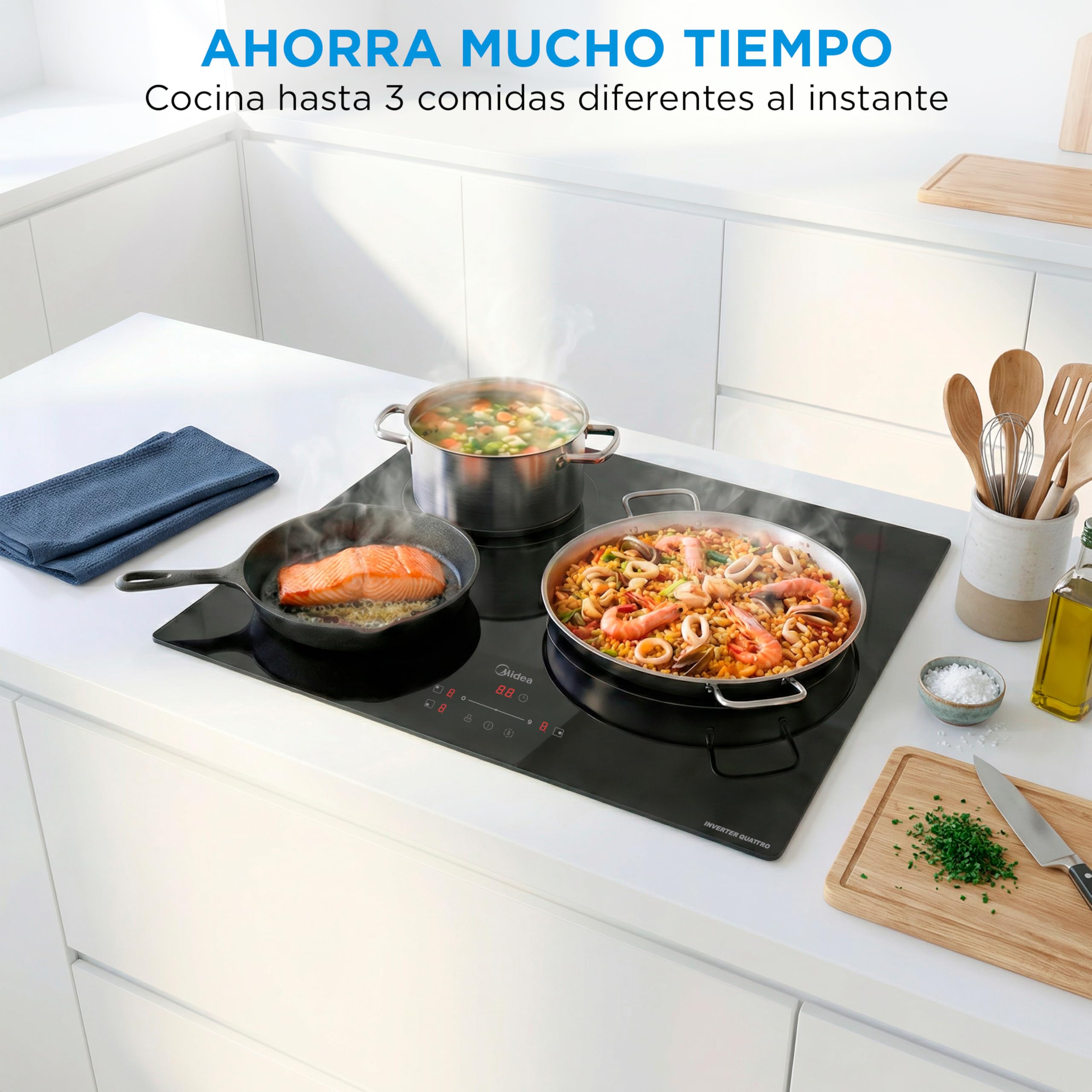 MIDEA Placa Inducción 3 fuegos 60 cm 7200 W - Vitroceramica Induccion Integrada con Panel de control tactil, Inverter quattro, 9 Niveles de Potencia, Booster, Indicador de Luz, y Temporizador.