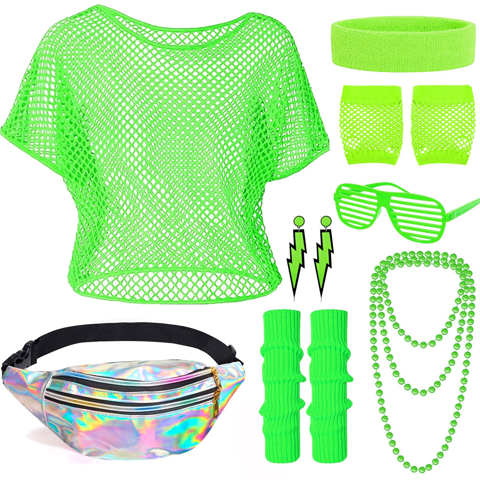 Bryndo 80er 90er Jahre Outfit Damen Set, 80er Jahre Kleidung Damen Netzoberteil Tops, Mit Bauchtasche, Beinwärmer, Stirnband, Halskette, Netzhandschuhe für Mottoparty, Karneval,Fasching