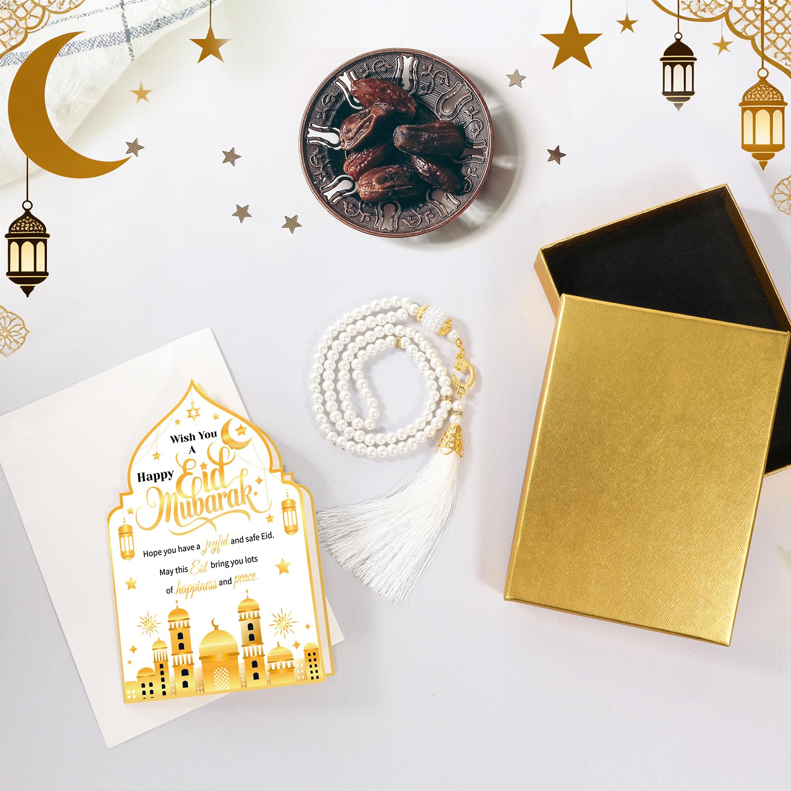 HOWAF Eid Gifts Set with Mosque Shape Card & Prayer Beads, Ramadan Mubarak Greeting Card with Envelope and Ramadan & Eid Pearl Zikirmatic Beads with Box, Islamic Present for Women, Muslim Celebration Gift Set