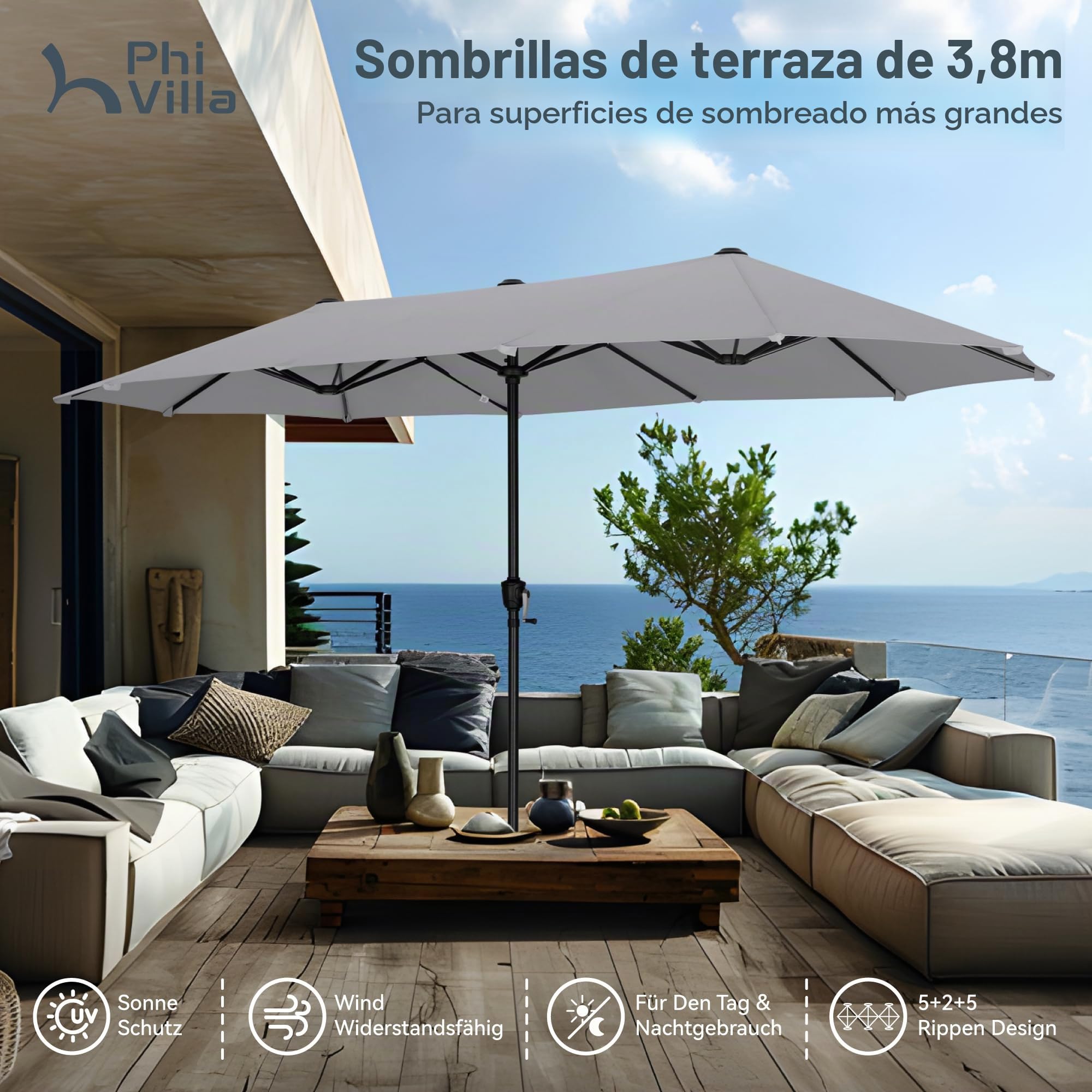 PHI VILLA Sombrilla rectangular grande, 200 x 380 cm, para jardín, terraza, jardín, con manivela, protección UV, parasol, resistente al viento