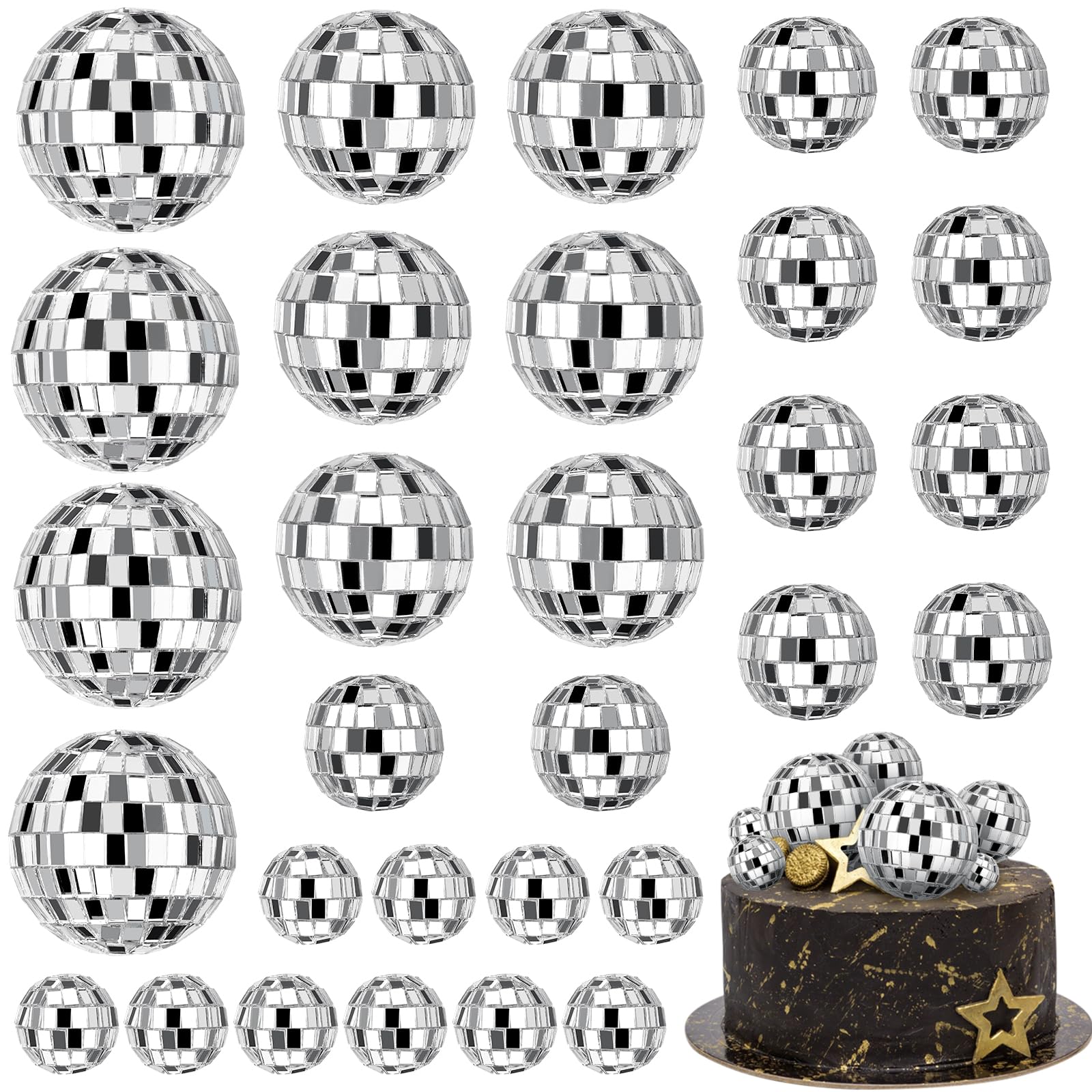 Photo 1 of JOERSH 30 PCS Disco Ball Cake Decoration, Small Silver Reflective Mirror Ball Cake Topper, 70s Disco Themed Table Decor for Disco Theme Party 70s Disco Party Favor, 4 Sizes