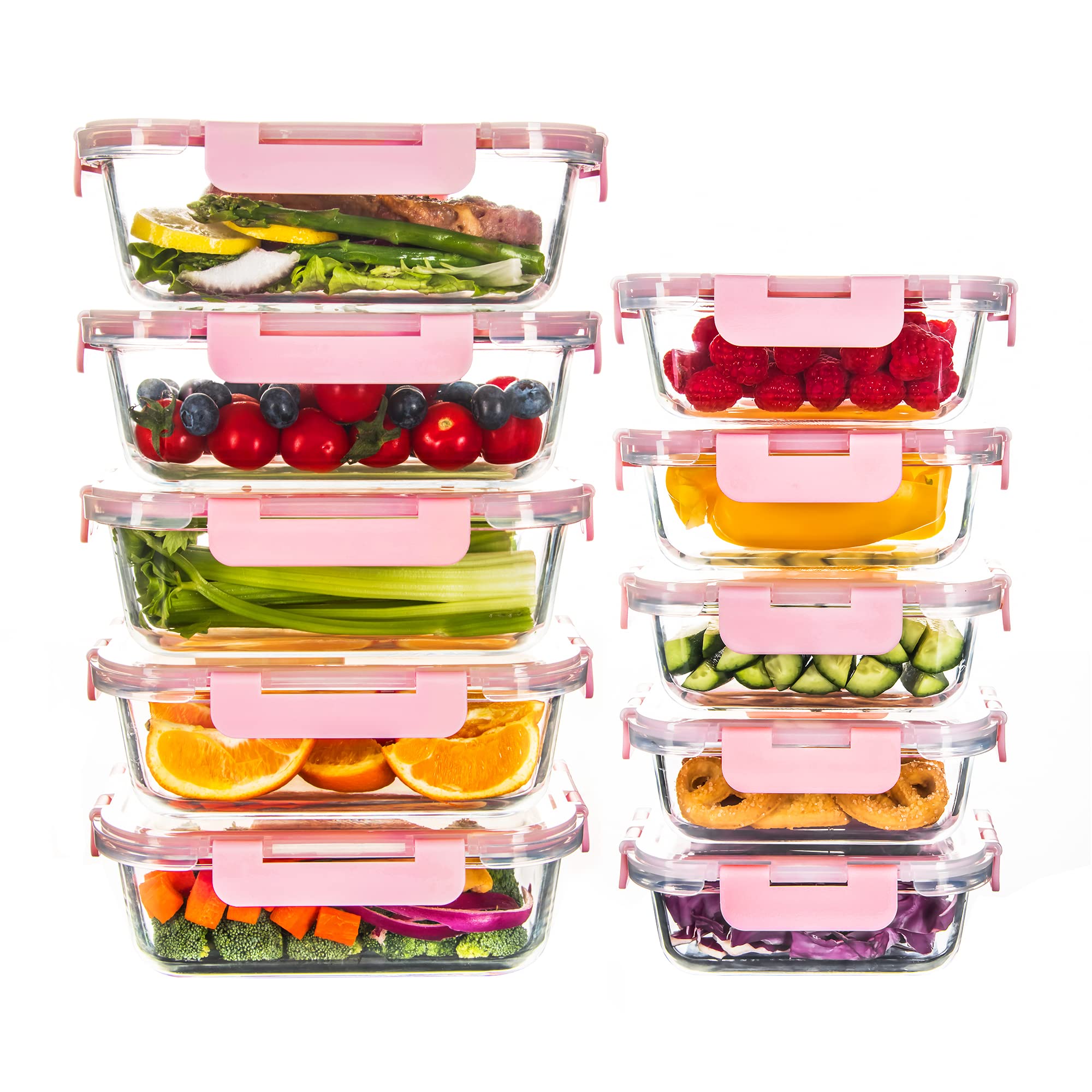 Paquete de 10 recipientes de almacenamiento de alimentos de cristal, herméticos con tapa, recipiente de cristal para el almuerzo, apto para microondas y lavavajillas, color rosa