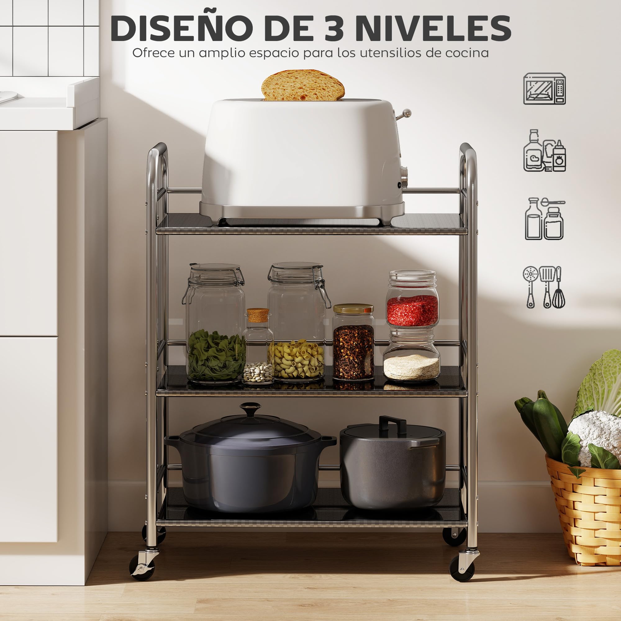 HOMCOM Carrito Auxiliar con Ruedas de Acero Inoxidable, Carro de Servicio de 3 Niveles con Estante Ajustable, 4 Ruedas, Carrito para Cocina, Restaurante, 60x35x77 cm, Plata