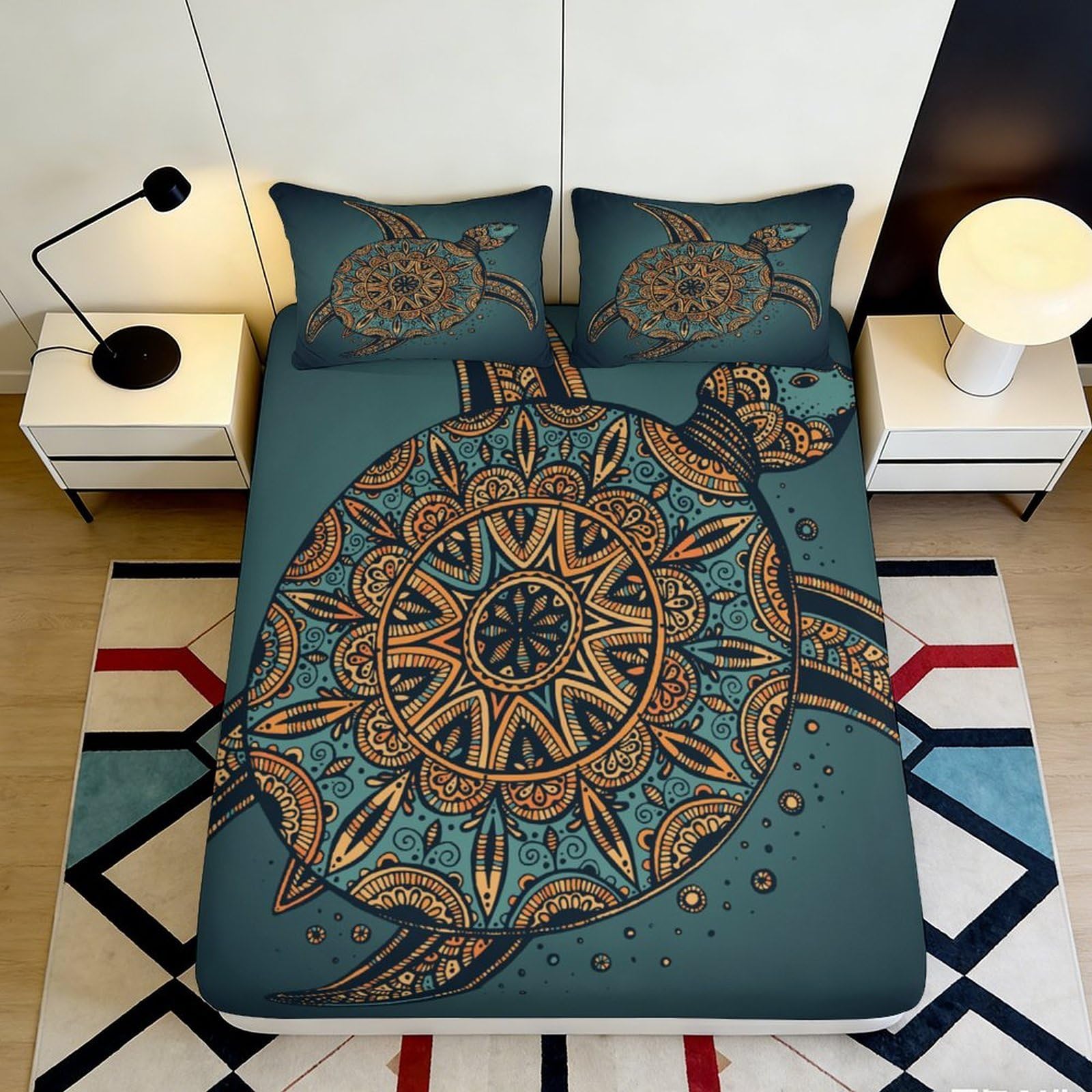 3D Printed Mandala Turtle Fitted Sheet Microfiber Non-Slip Mattress Cover Teal Boho Bed Decor for Bedroom Dorm 180x200x25cm