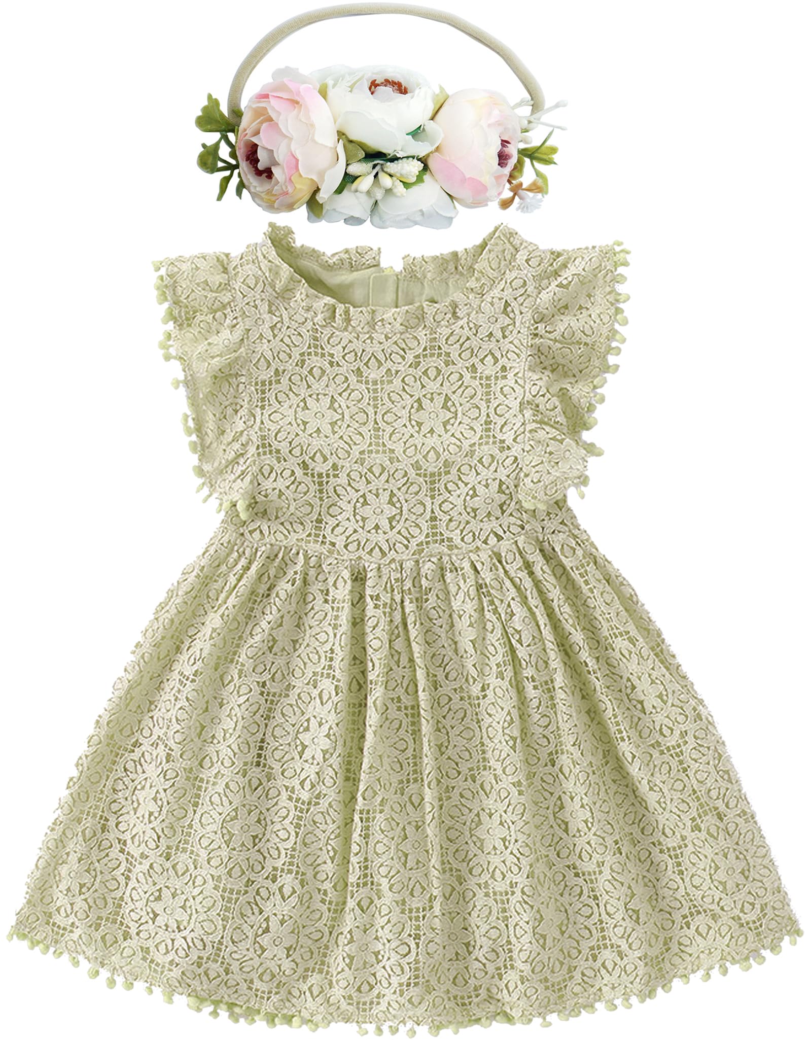 BGFKS Baby Girl Tutu Dress Elegant Lace Pom Pom Flutter Sleeve with Flower Headband Set