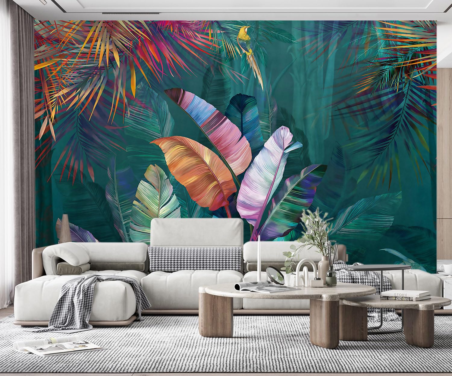 songqians Wallpaper 3D Mural Blue Retro Leaf Murals Wallpaper Bedroom and Living Room Decoration -SQ012-400x255cm（Width x Height）