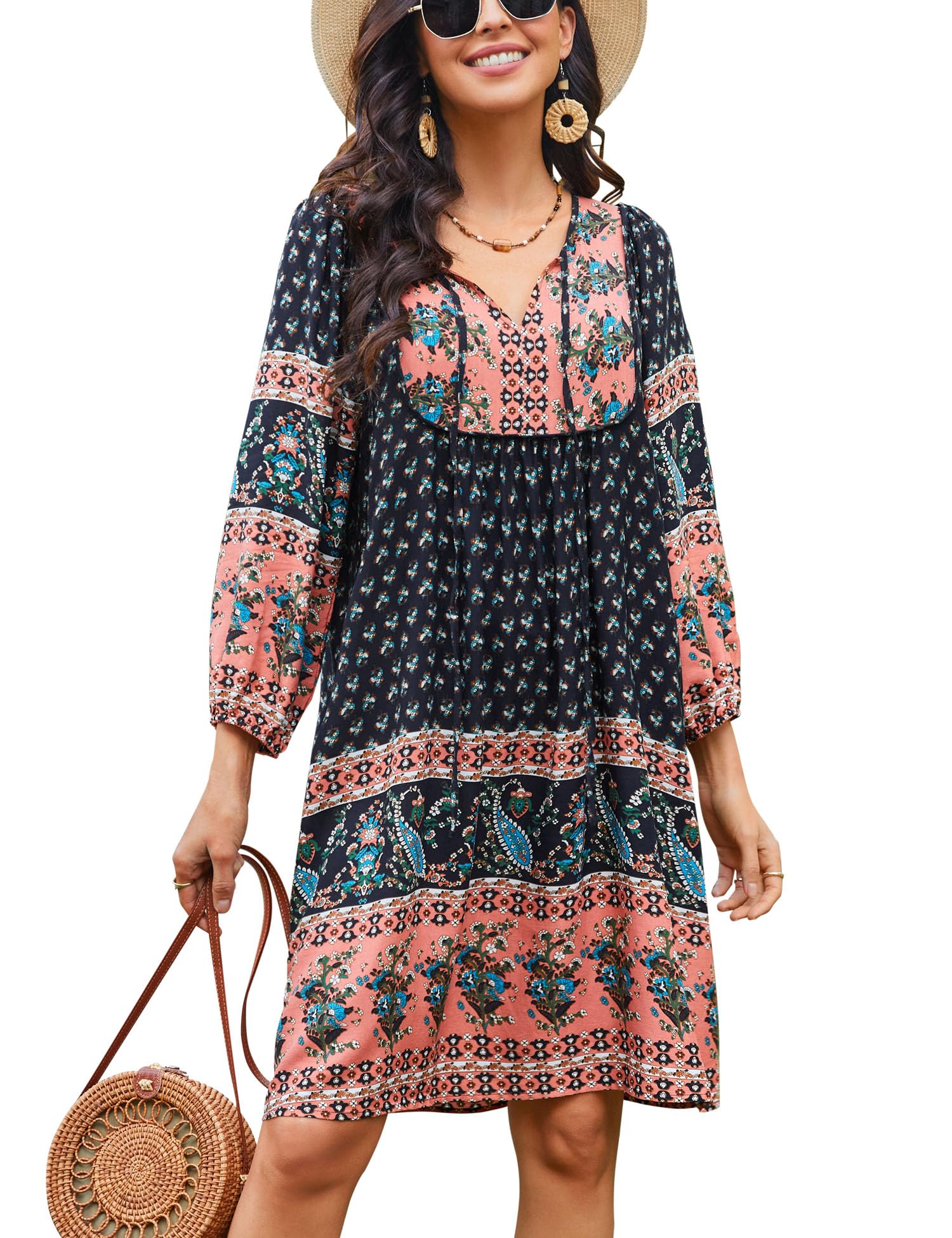 Bluetime Women Casual Summer Dress Boho V Neck 3/4 Sleeve Babydoll Floral Print Flowy Beach Dress