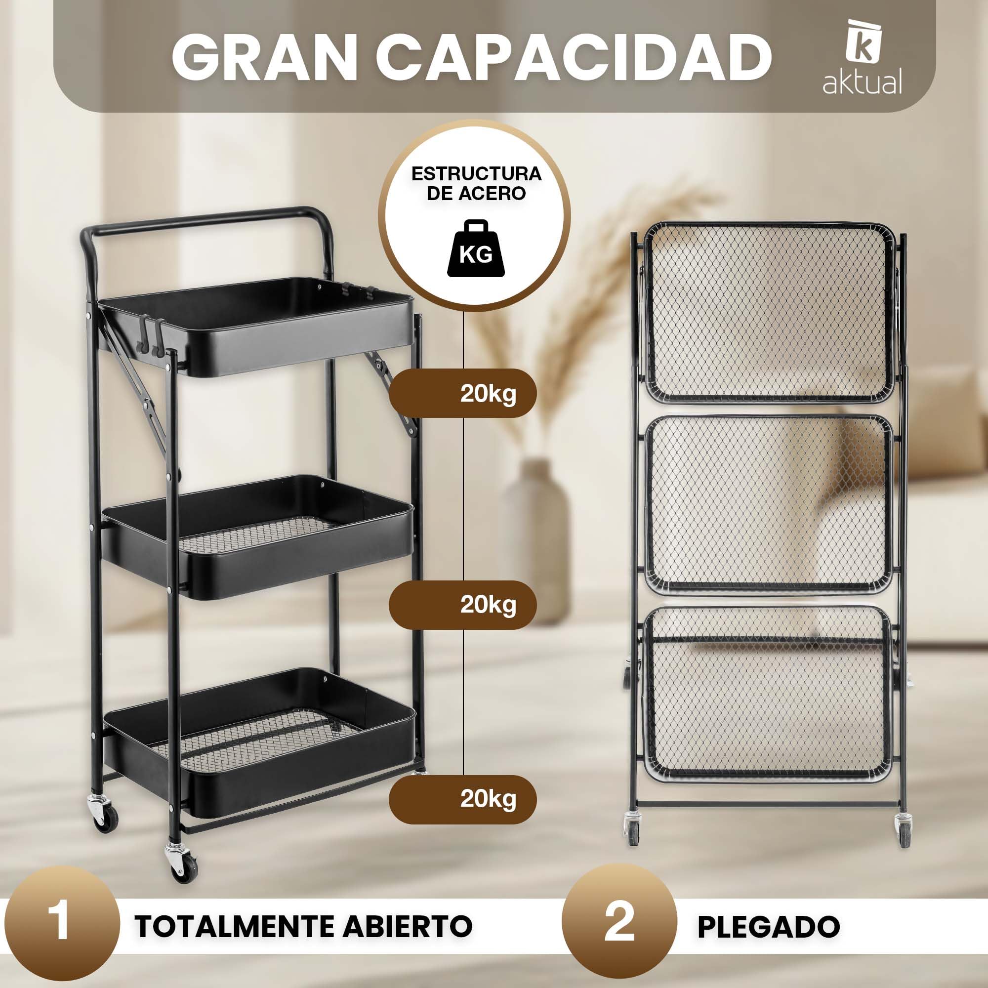 Carrito Cocina Plegable, Camarera Plegable con Ruedas. Carro Organizador almacenaje 45x30x87cm. Ideal para baño, Cocina, Oficina, estética. Color Negro.