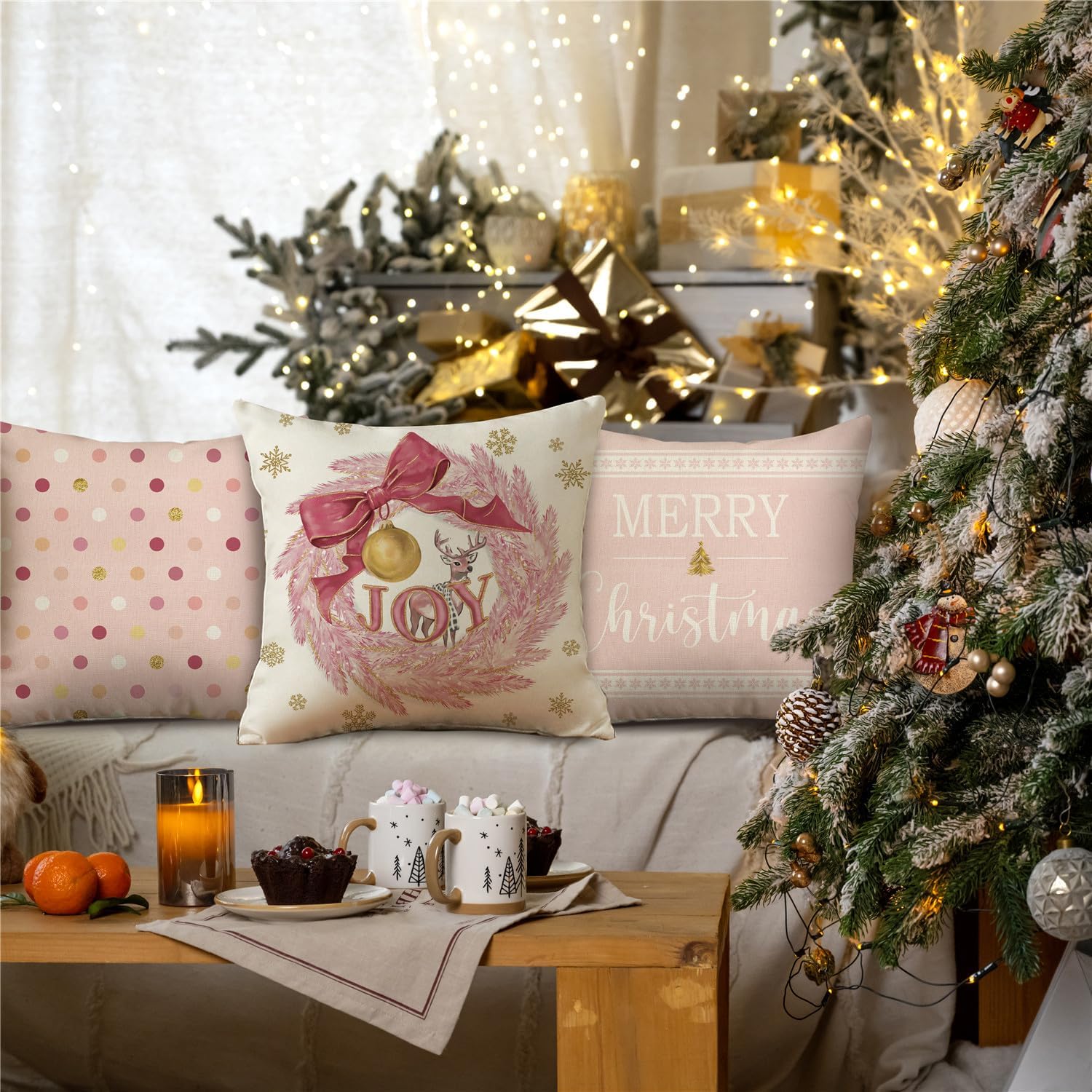 Christmas Pink Gold Snowflake Throw Pillow Covers Merry Christmas Tree Pillow Covers 18x18 Set of 4 Winter Holiday Cushion Case Polka Dot Decoration for Sofa Couch - Image 6