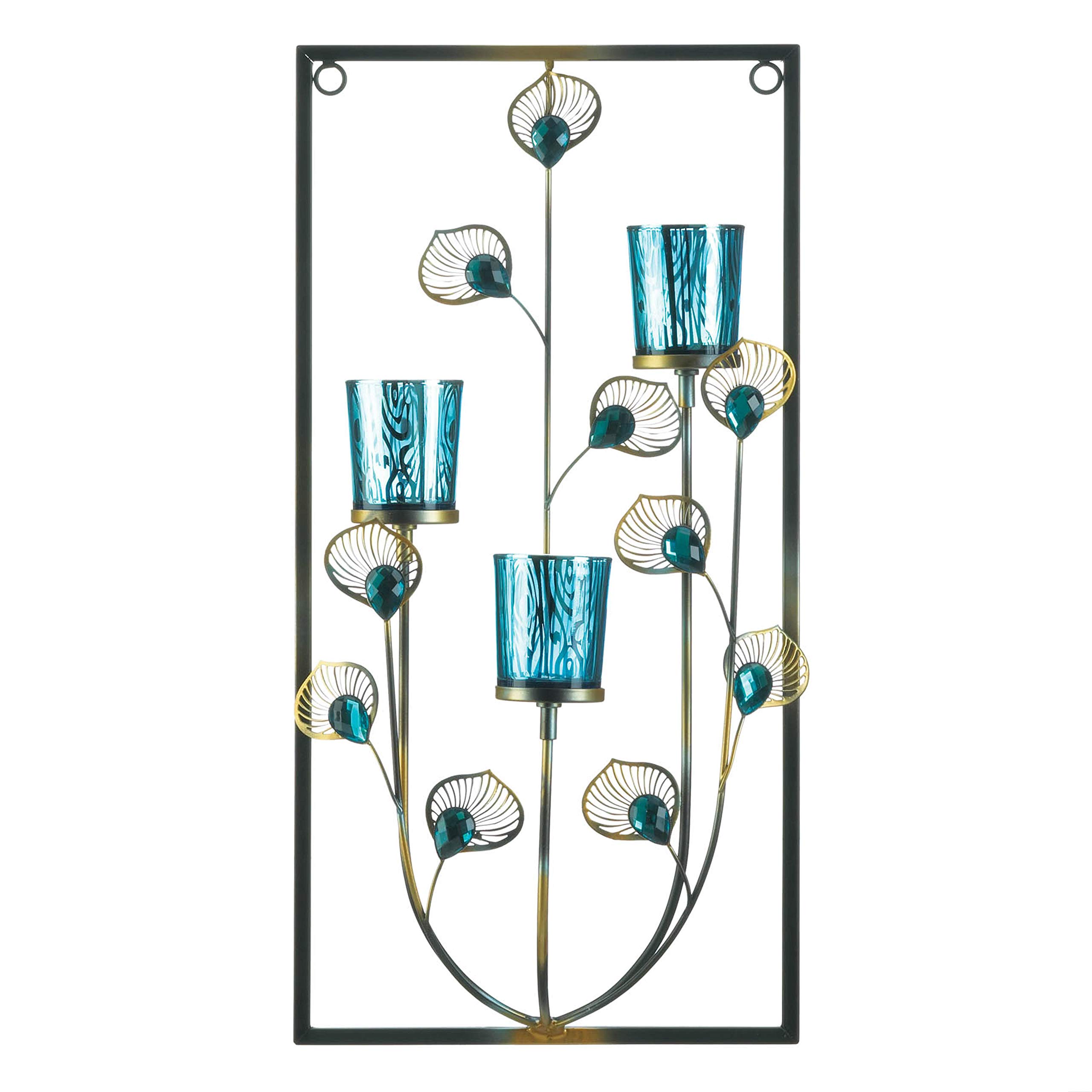 Zingz &amp; Thingz Exotic Peacock Plume Collection Tealight &amp; Candle Lighting, 9.5x4x18.75, Framed Wall Sconce Trio